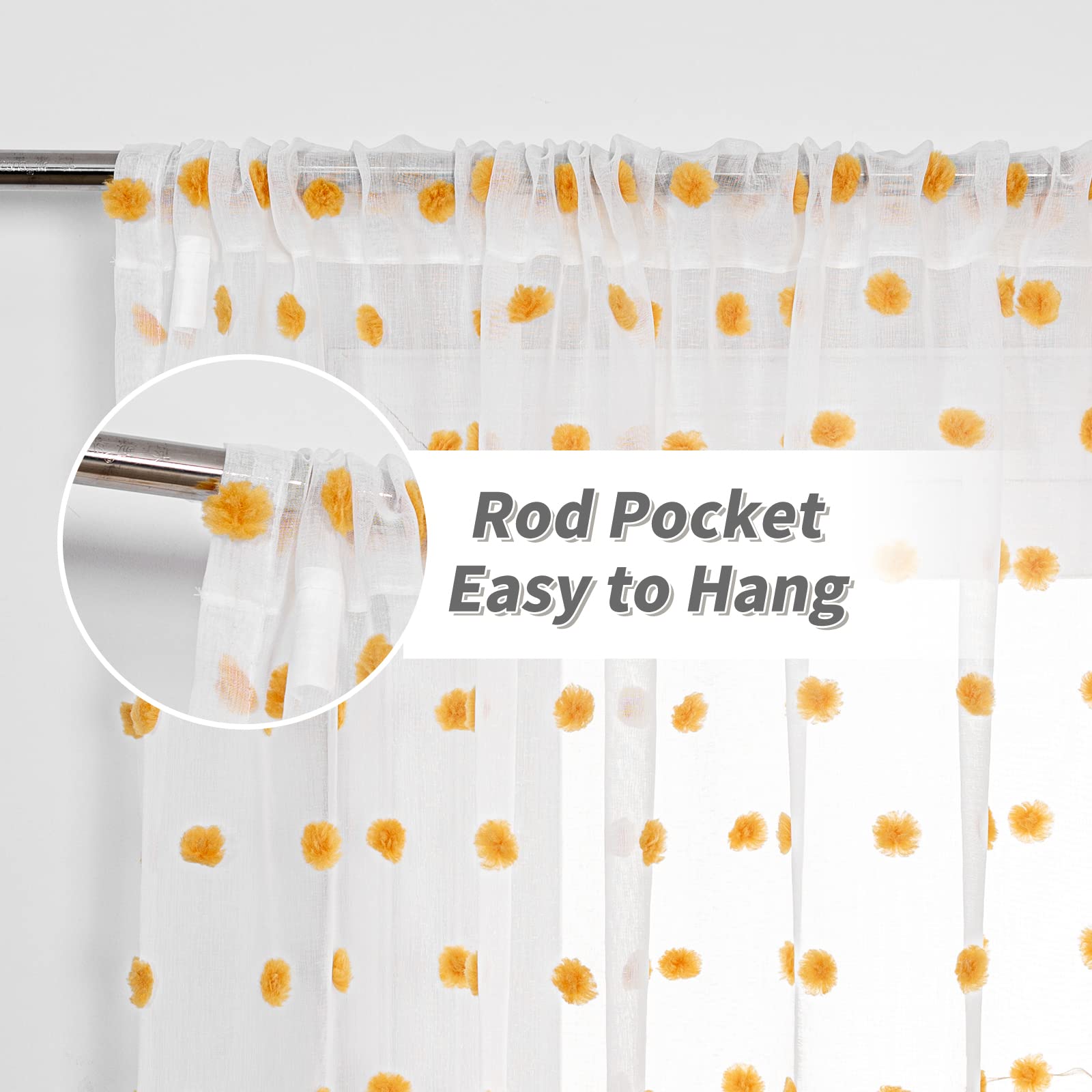 MYSKY HOME Sheer Curtains Pom Pom Burnt Orange Polyester 52" x 63" Set of 2