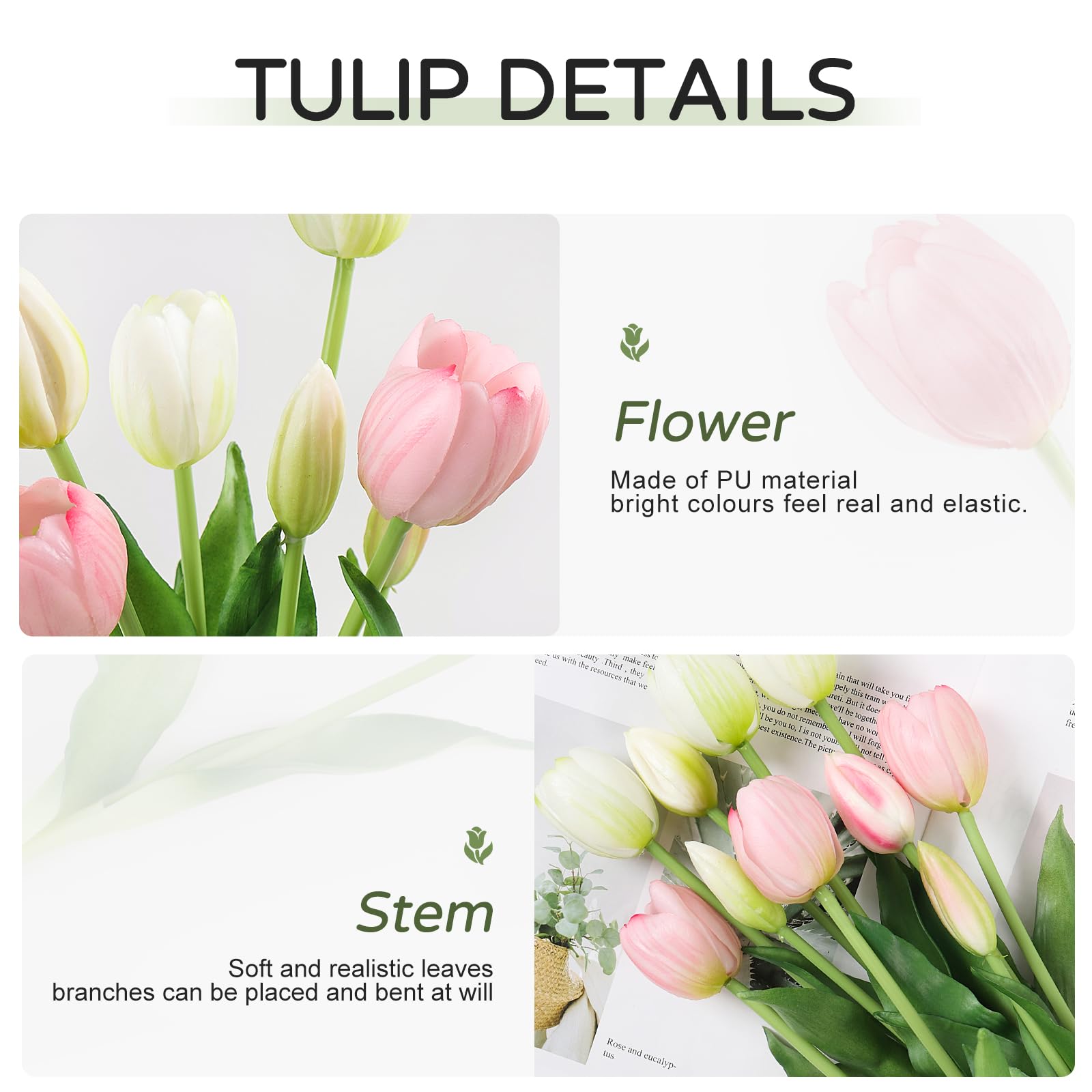 Beferr 10Pcs White Tulips Artificial Flowers Faux Tulip Real Touch Tulip Fake Flowers Bouquets