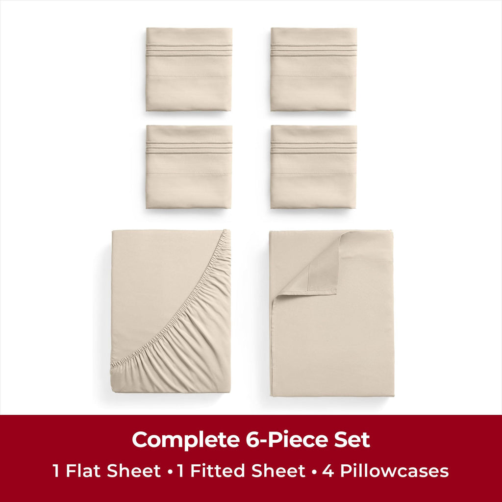 Mellanni California King Sheet Set - 6-Piece Iconic Collection Bedding, (Including 4 Pillowcases), 16-Inch Deep Pocket, Easy Care, Extra Soft, Cooling Sheets, Brushed Microfiber - Beige