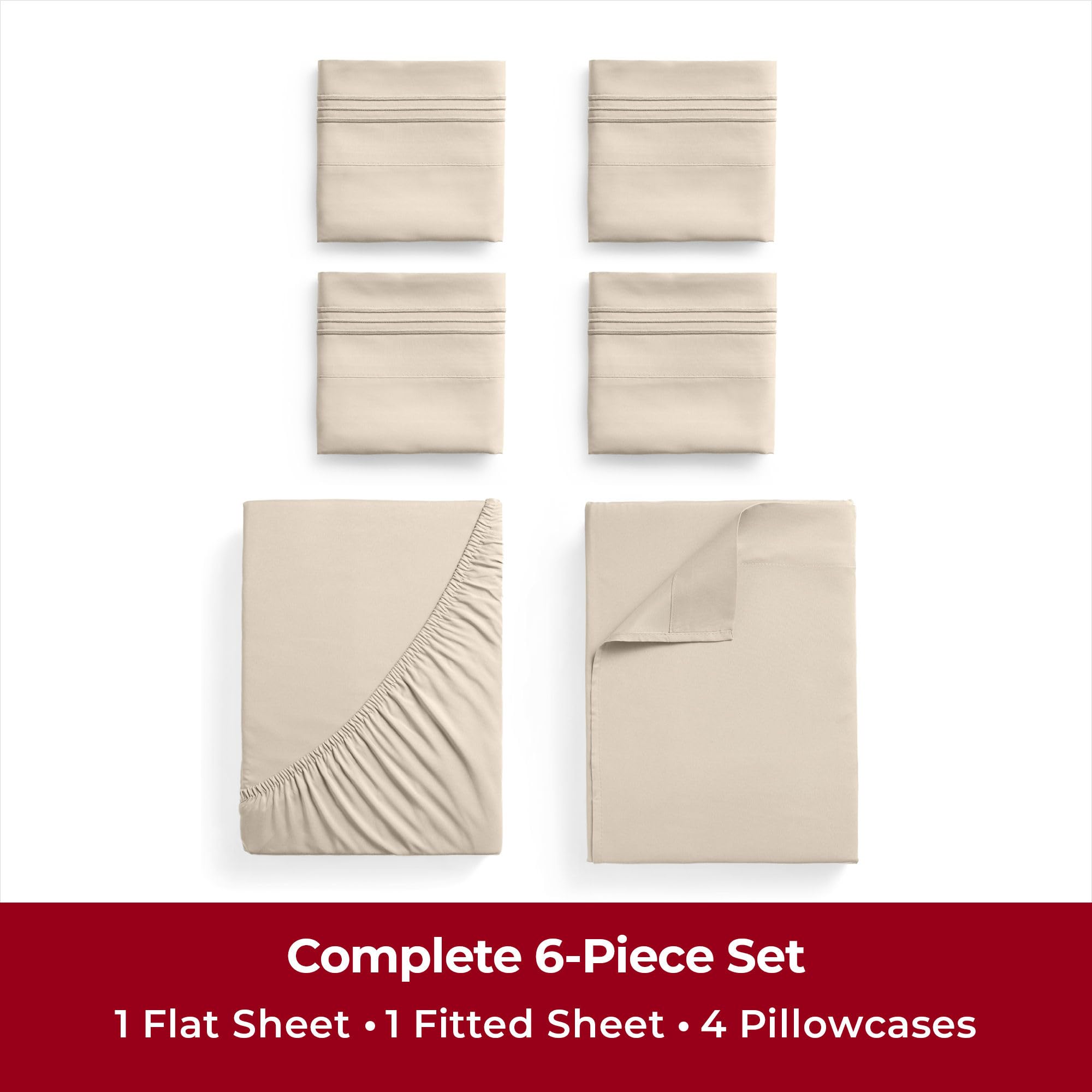 Mellanni California King Sheet Set - 6-Piece Iconic Collection Bedding, (Including 4 Pillowcases), 16-Inch Deep Pocket, Easy Care, Extra Soft, Cooling Sheets, Brushed Microfiber - Beige