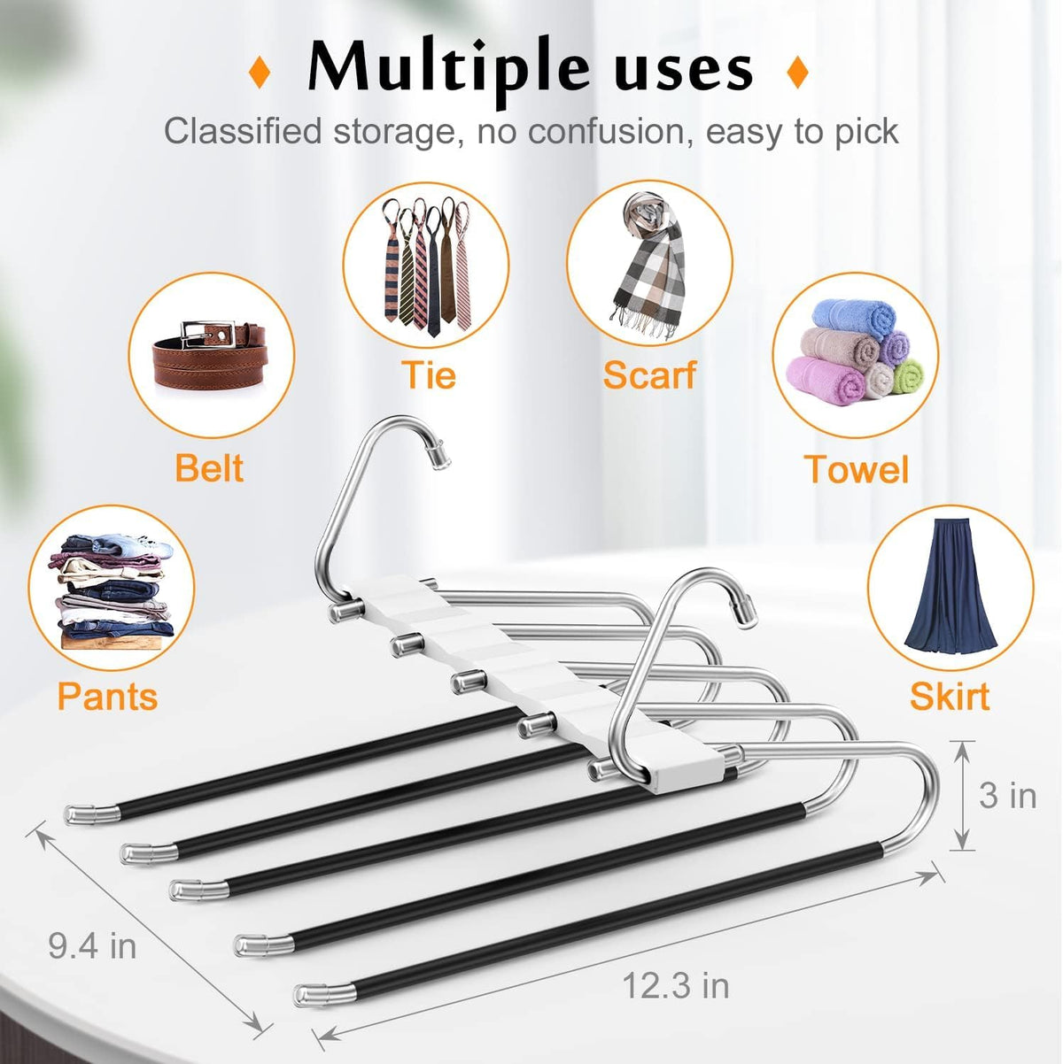 Loretoy 4 Pack Pants Hangers Space Saving, Anti-Slip Multi-Functional Pants Rack, Thickened Stainless Steel Tube Two Hanging Mod