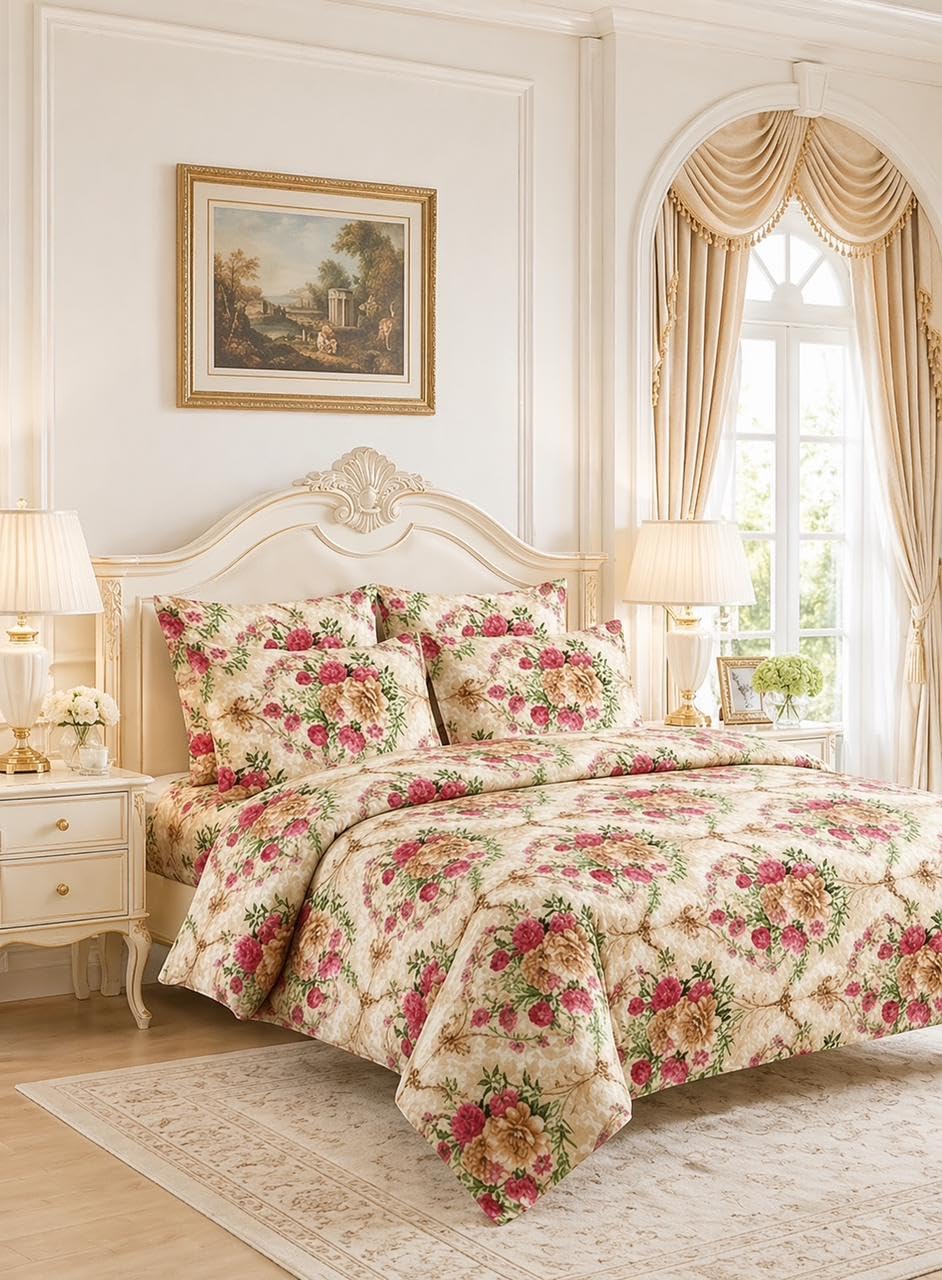 Cotton Double Flat Bedsheet 90x100 Inch with 2 Pillow Covers (Rose Flower)