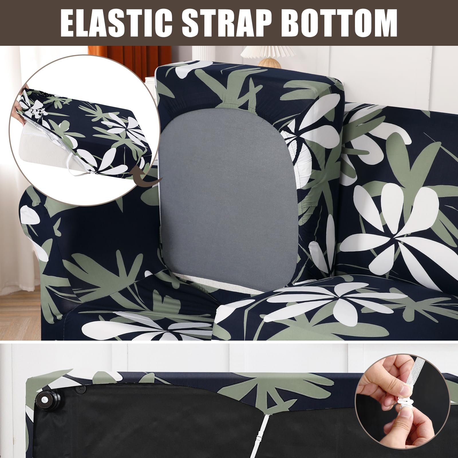 Searchi Stretch Sofa Cover Printed Couch Cover, Floral Pattern 3 Pieces Loveseat Slipcover With 2 Separate Cushion Cover, Washable Furniture Protector For Living Room(Loveseat, Navy Blue)