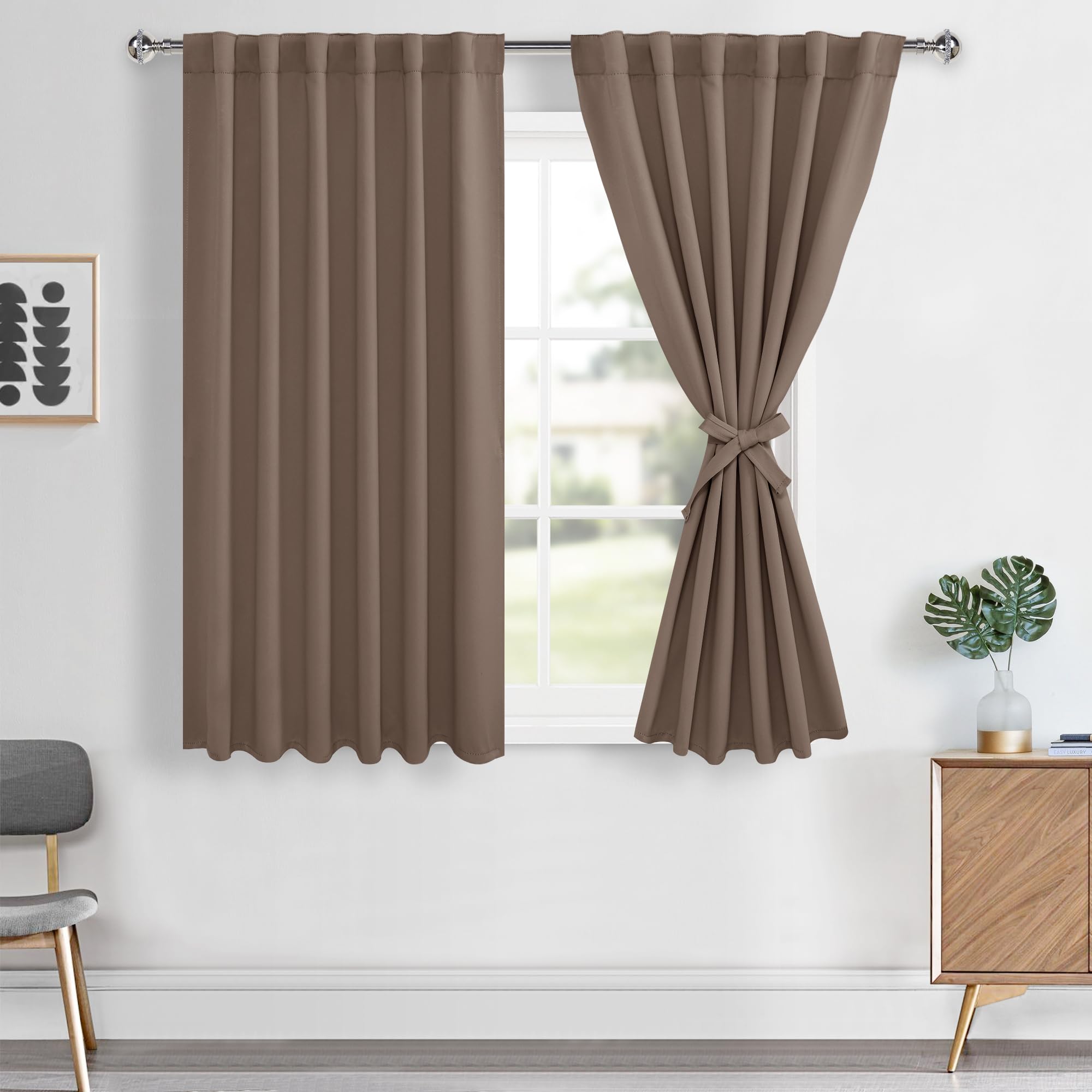 Hiasan Short Mocha Curtains 54 inch Long, Light Blocking Thermal Insulated Rod Pocket & Back Tab Blackout Drapes Sewn with Tieba