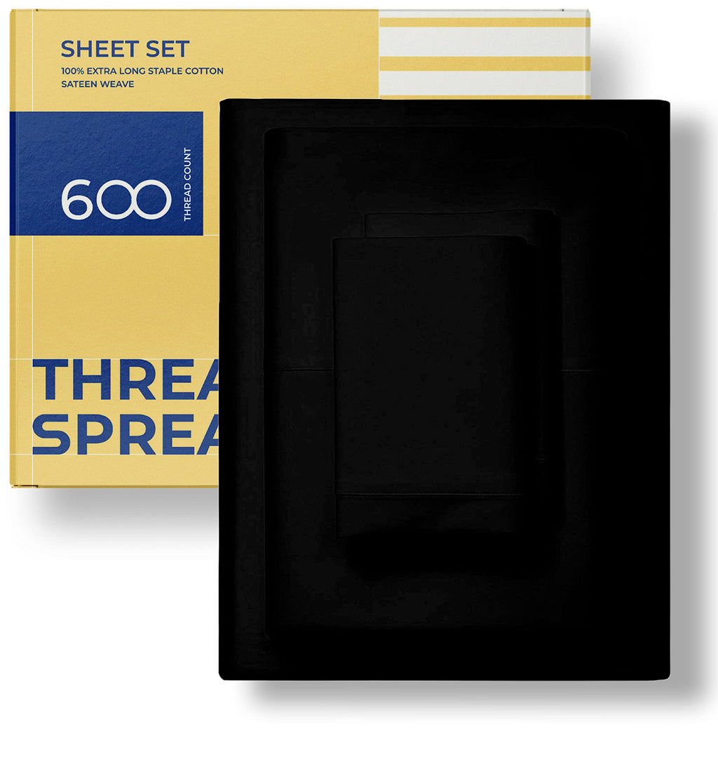 Thread Spread Luxury Sheets 600 Thread Count - Egyptian Cotton Quality Split King Size Sheet Set - Deep Pocket Fitted Bedding Sheets & Pillowcases - 4 Pc Breathable - Black Sheets For Boys & Girls
