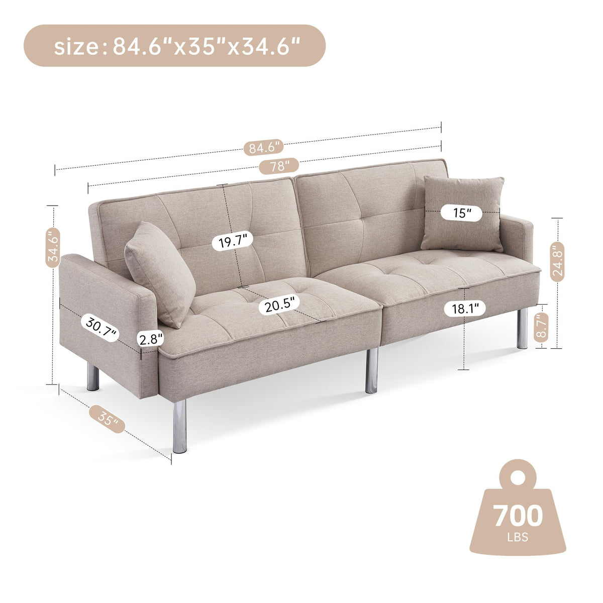 American Furniture Classics Beige Tufted Futon Convertible Sofa Sleeper with Two Throw Pillows Velvet, 85" x 35" x 35"