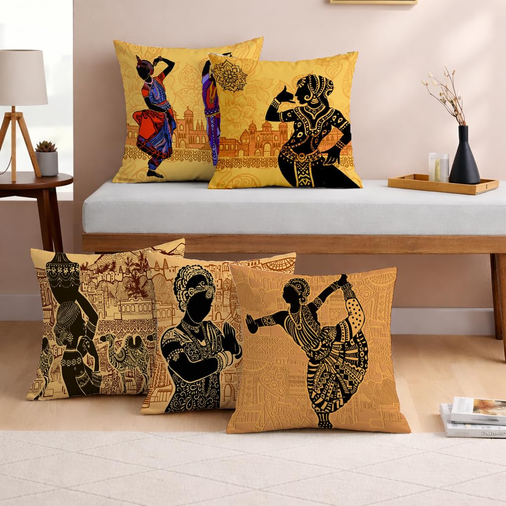 Stitchnest Jute Indian Traditional Dance Bharatanatyam Printed Brown Cushion Covers, Set Of 5 (12 X 12 Inches)