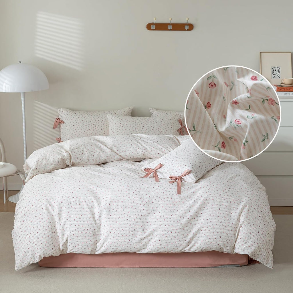 Floral Print Duvet Cover Full Boho Aesthetic Bedding Duvet Cover Cotton Comforter Cover Girl Pink Flower Duvet Cover With 2 Bowk