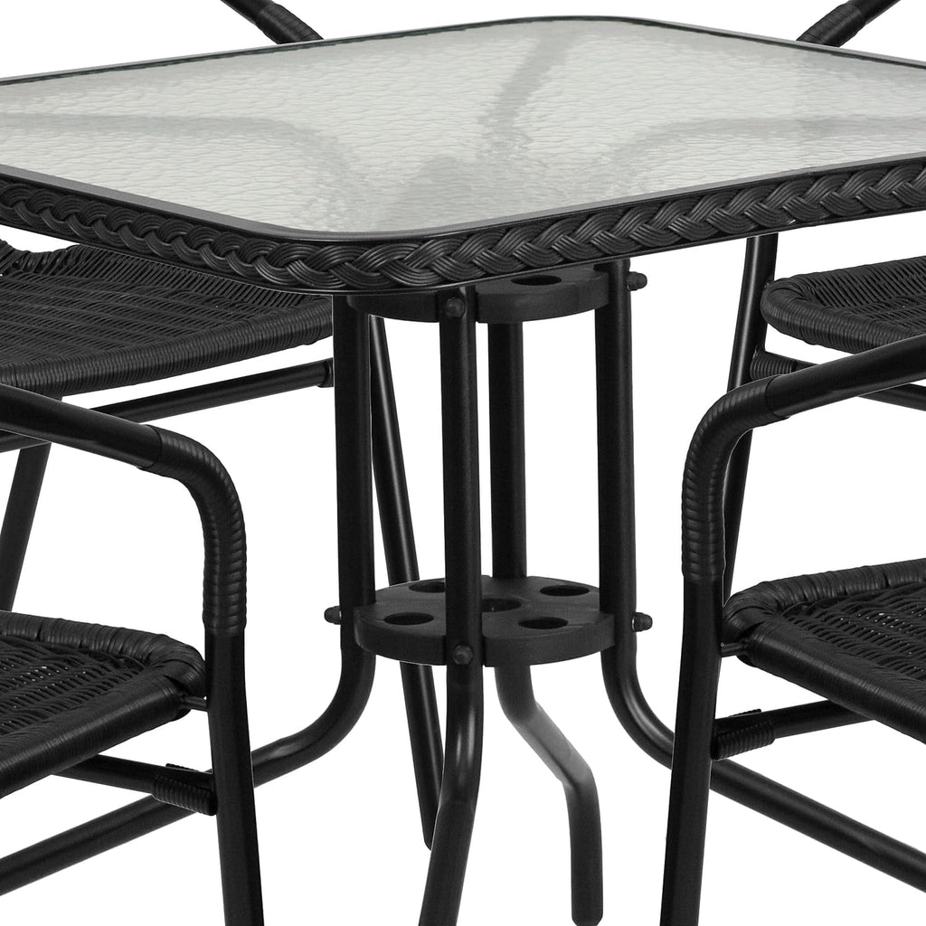 28 Square Glass Metal Table with Black Rattan Edging and 4 Black Rattan Stack Chairs