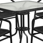 28 Square Glass Metal Table with Black Rattan Edging and 4 Black Rattan Stack Chairs