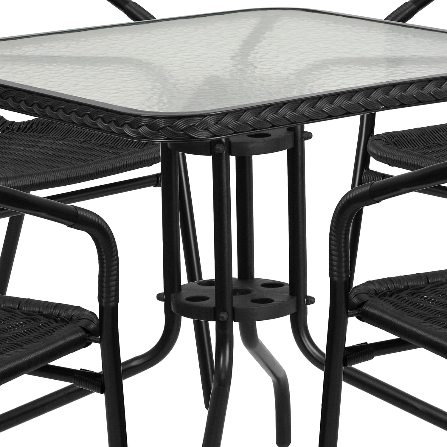 28 Square Glass Metal Table with Black Rattan Edging and 4 Black Rattan Stack Chairs