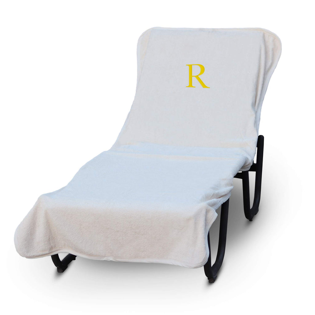 Luxury Hotel & Spa Monogrammed Pool Chaise Lounge Cover, Block Letter Embroidered - Extra Absorbent 100% Turkish Cotton- Soft Terry - Hotel-Style, Standard Size 90' X 29' - White - Gold Letter R