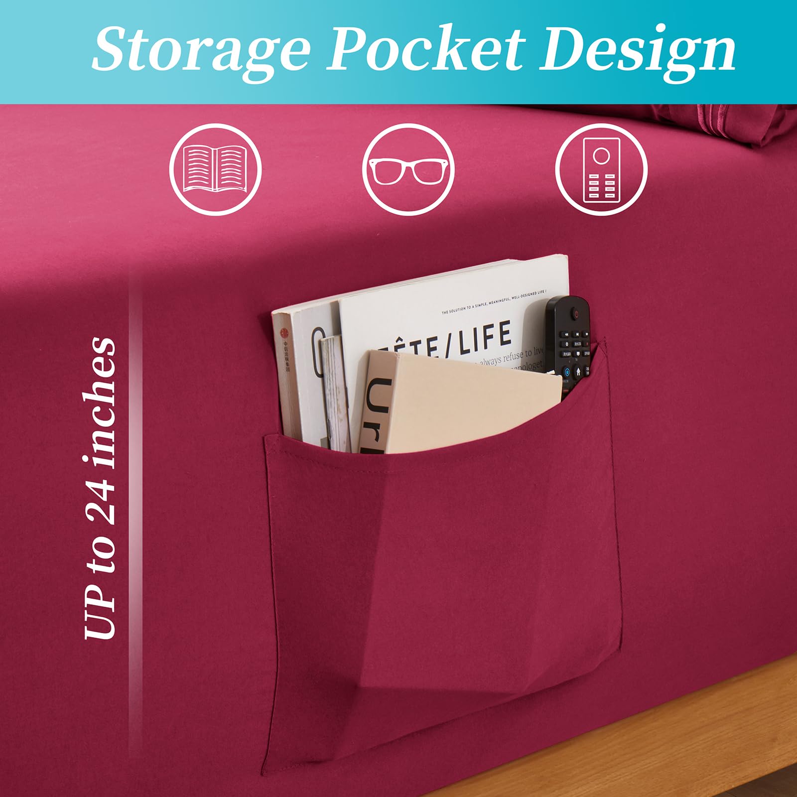 Horbaunal Extra Deep Pocket Full Fitted Sheet Only - Fits Up To 24 Inch Mattress - Luxury 1800 Thread Count - Microfiber Burgund