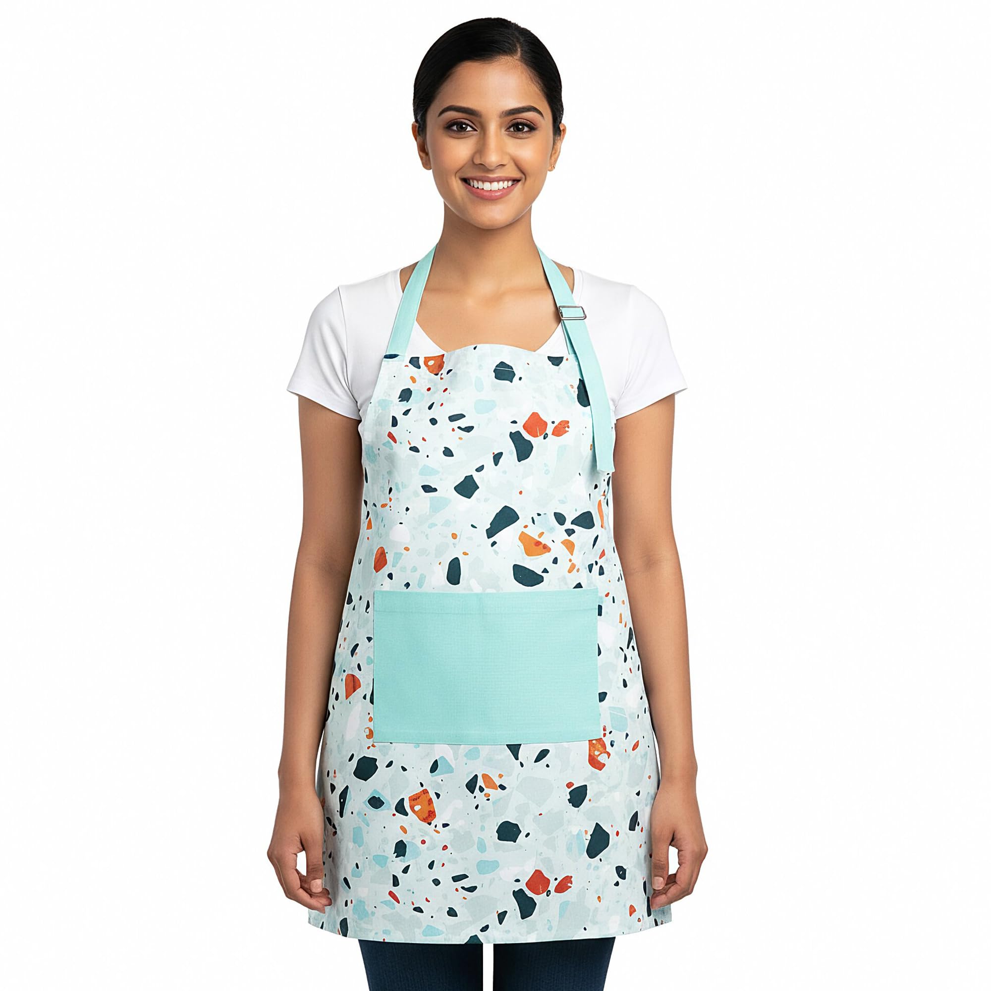 Encasa Xo Cotton Kitchen Apron  Adjustable Straps & Front Centre Large Pocket  Stain Resistant  Terrazzo Mint  64X86 Cm For
