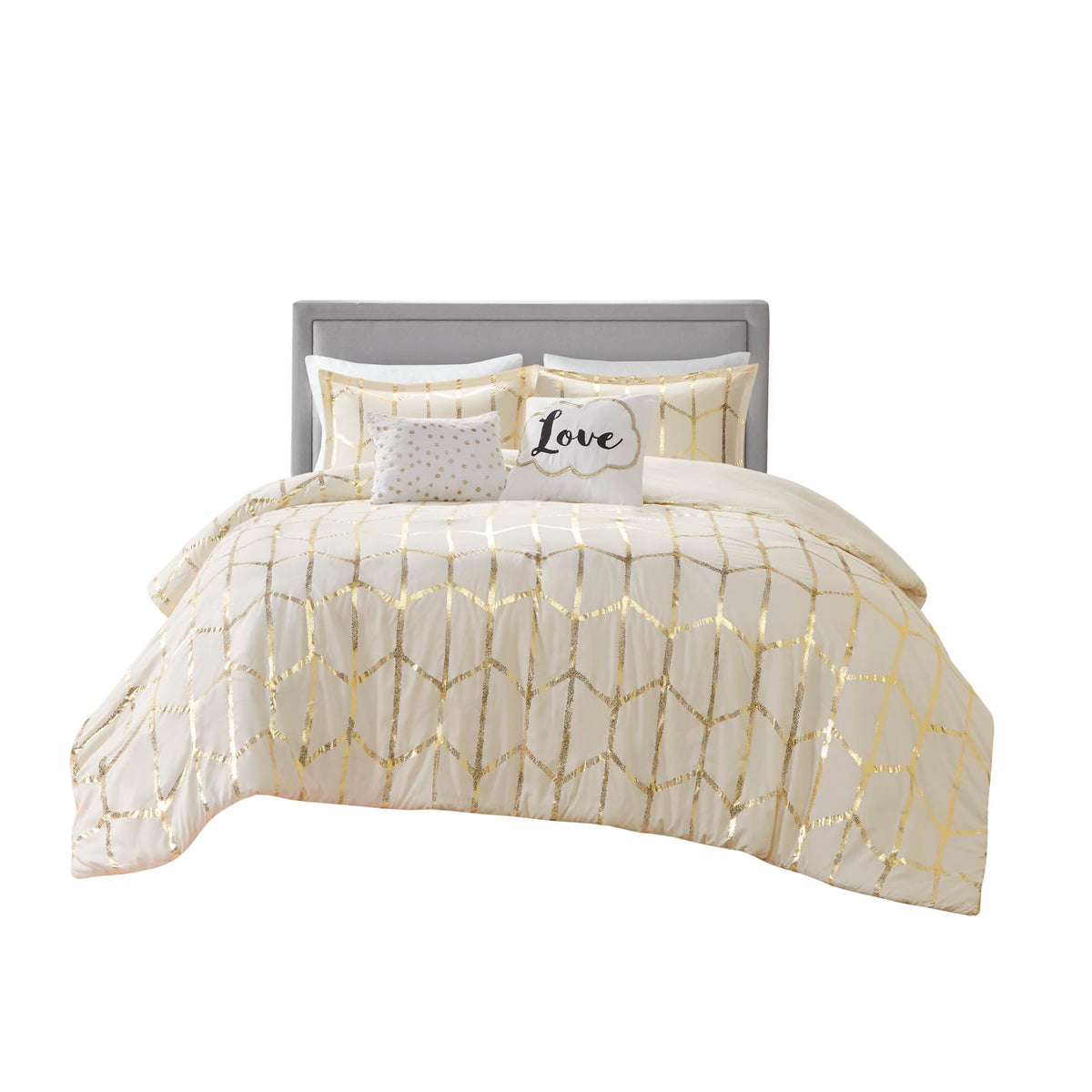 Intelligent Design Raina Full / Queen Comforter Set, Soft Microfiber Comforter Set Queen, Modern Geometric Metallic Bed Set, 5 P