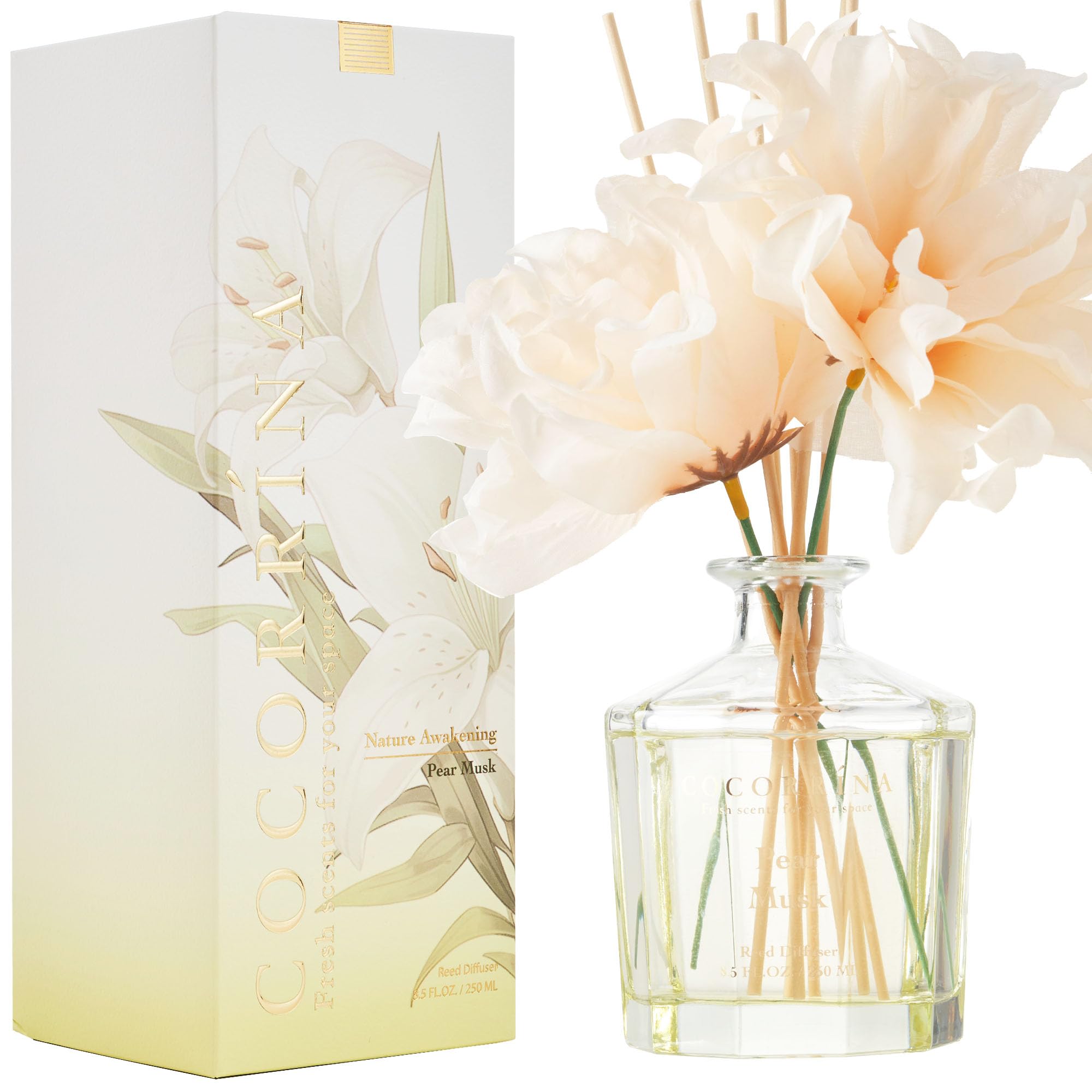 COCORR  NA Reed Diffuser - Pear Musk 8.5oz Flower Reed Diffuser Set with 8 Sticks, Home Fragrance Reed Diffuser for Home Bedroom