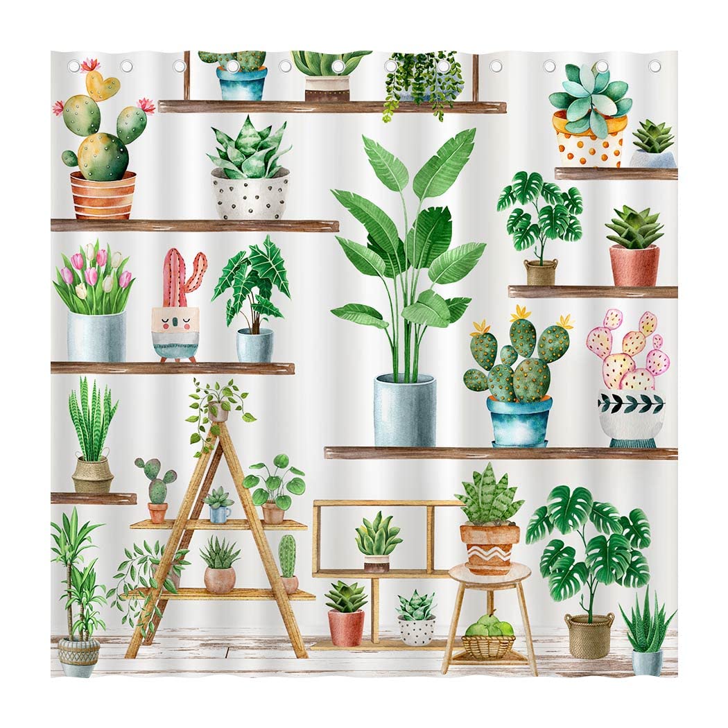 Juirnost Green Plant Farmhouse Shower Curtain Bohemian Potted Plant Shower Curtain for Bathroom Cactus Succulent Plant Bathtubs 