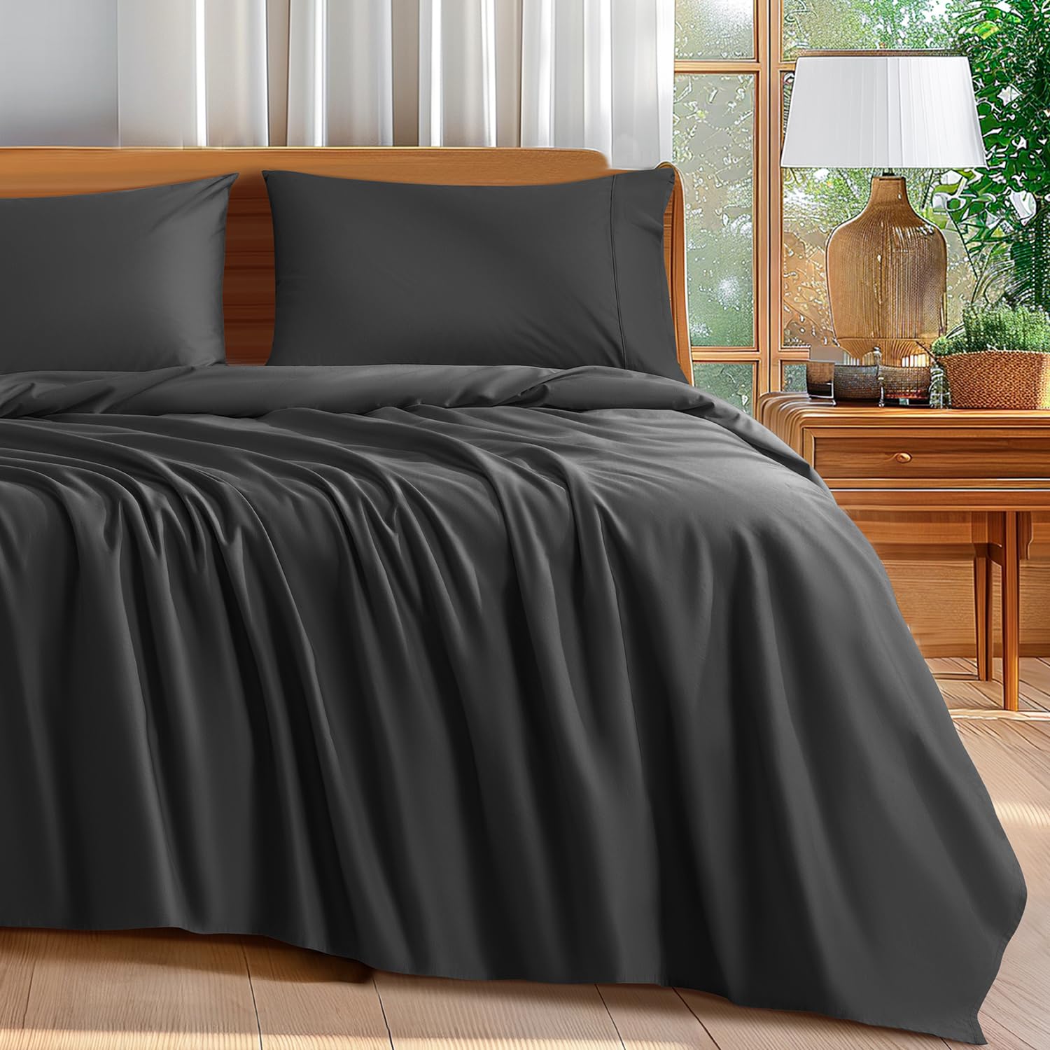 Shilucheng 100% Cotton King Size Sheets Set - 600 Thread Count,Luxury Egyptian Cotton Bed Sheets,5-Star Hotel Quality Sheets, Breathable & Cooling, 16 Inch Deep Pocket - 4 Piece (Black, King)