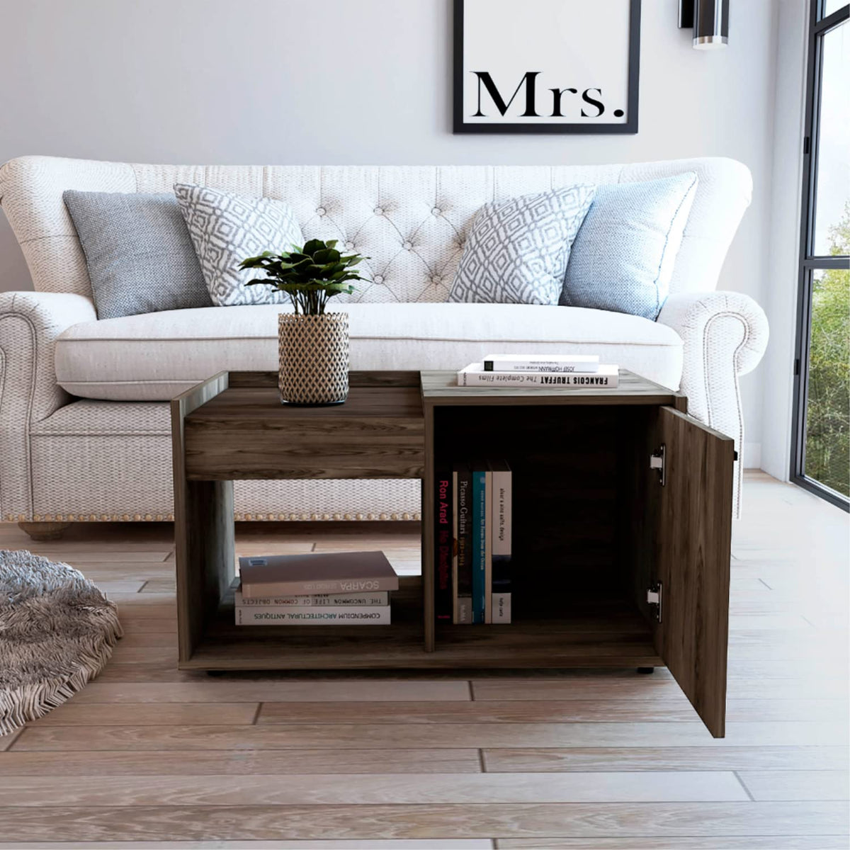 Ambar Coffee Table, 1 Open Shelf, Single Door Cabinet, Dark Walnut