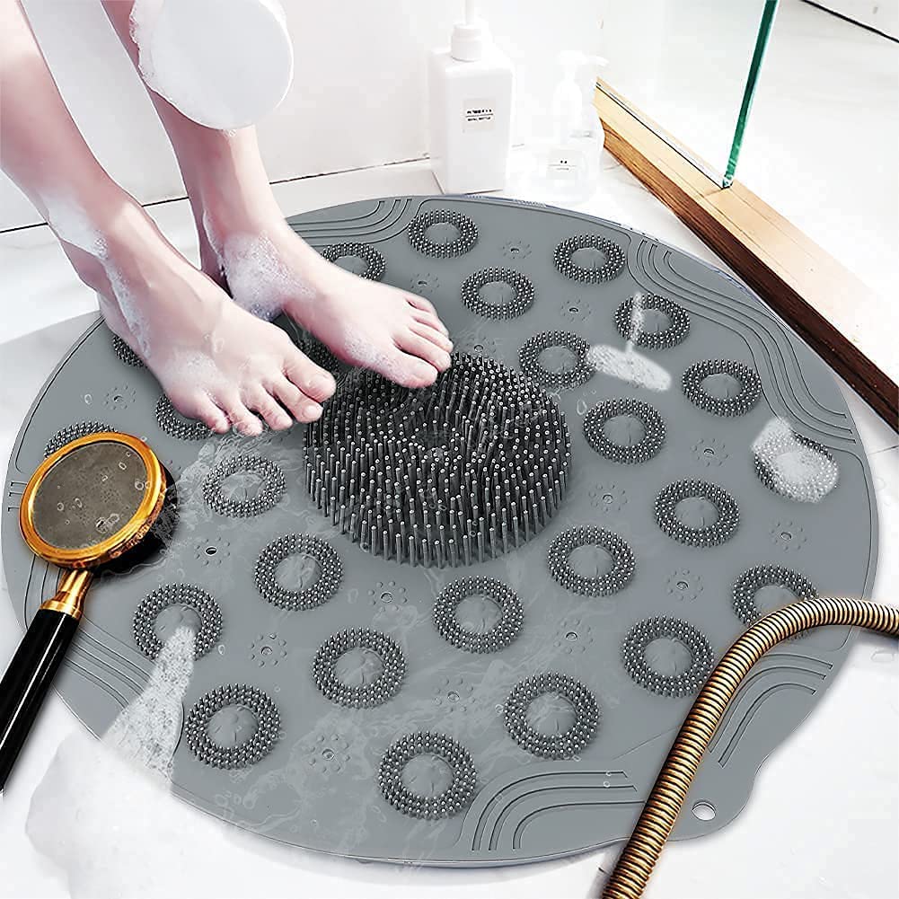 HEBEZON Shower Mat, Round Shape Shower Mats NonSlip Bath Mat, Massage Silicone Mats with Suction Cups & Drainage Hole, Machine 