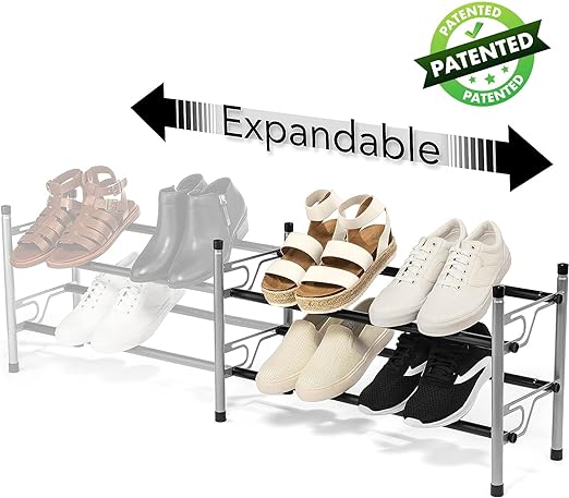 Adjustable Expandable Shoe Rack, 2-Tier, Flat or Angled Shelves, Chrome