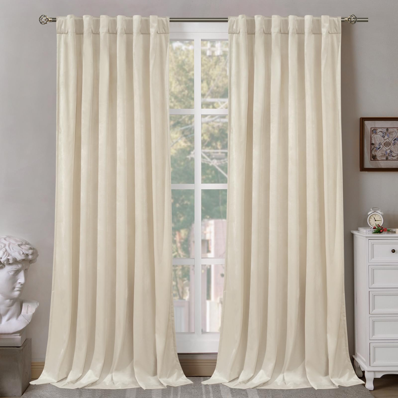 Bgment Cream Beige Velvet Curtains 108 Inch For Bedroom, Thick Thermal Insulated Room Darkening Curtains Noise Reduce Back Tab A