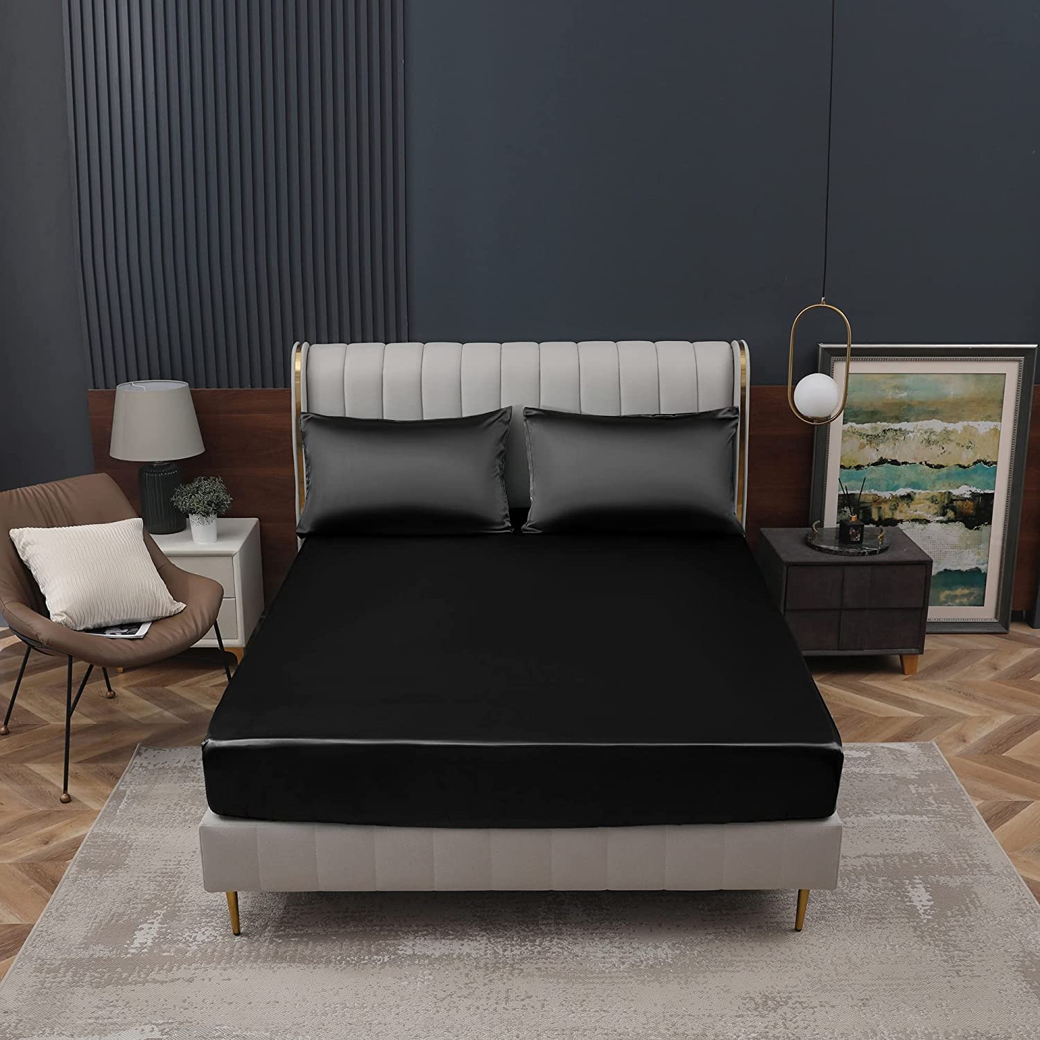 Homiest Black Satin Fitted Sheet Twin Xl Size Fitted Bed Sheet, Deep Pocket Fitted Sheet Only, Luxury & Ultra Soft Bedding Fitted Sheet Single Bottom Bed Sheets Sold Separately