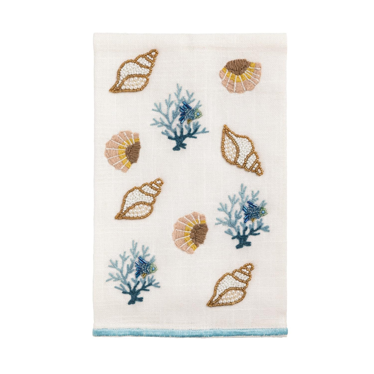 Mud Pie White Cotton Shell Embroidered Beaded Sea Towel