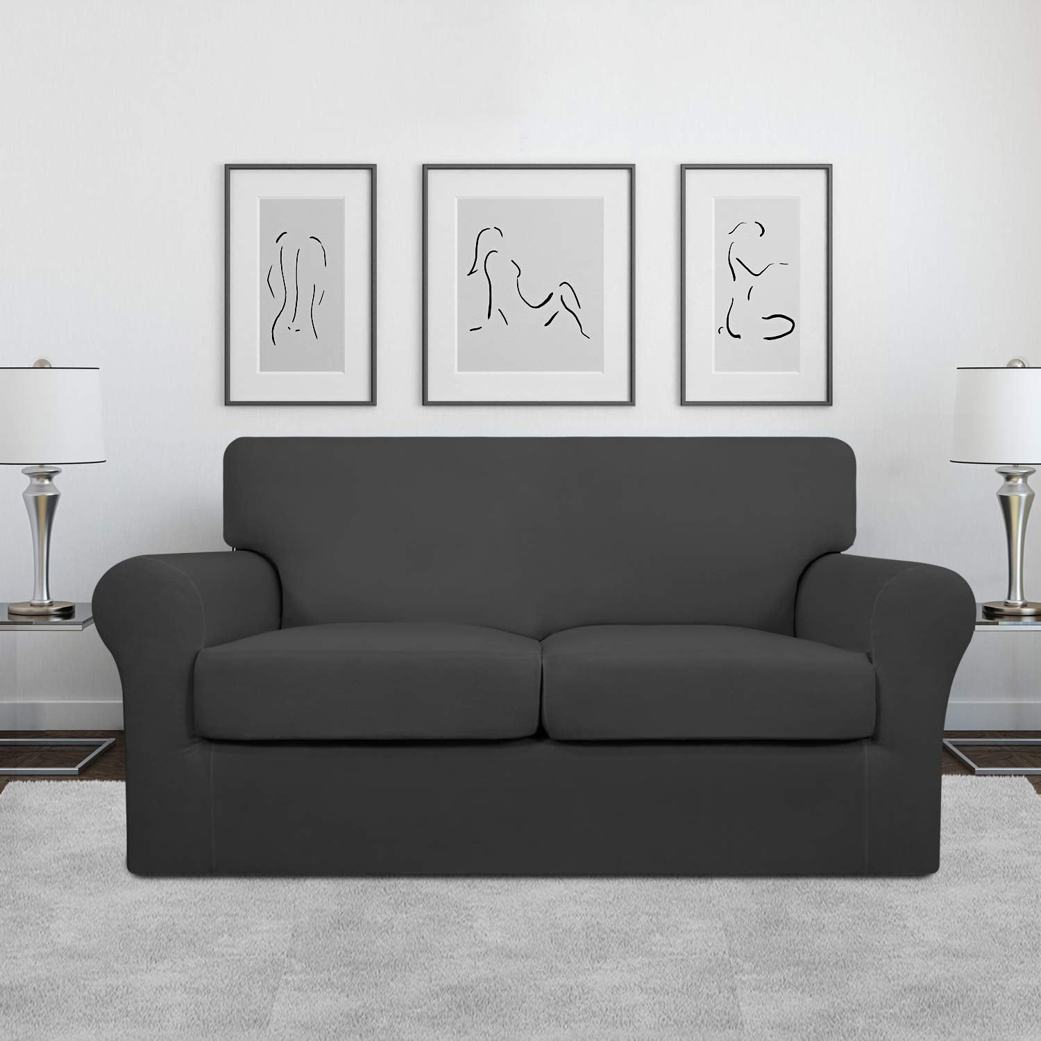 Easy-Going 3 Pieces Stretch Soft Couch Cover For Dogs - Washable Sofa Slipcover For 2 Separate Cushion Couch - Elastic Furniture Protector For Pets, Kids (Loveseat, Dark Gray)
