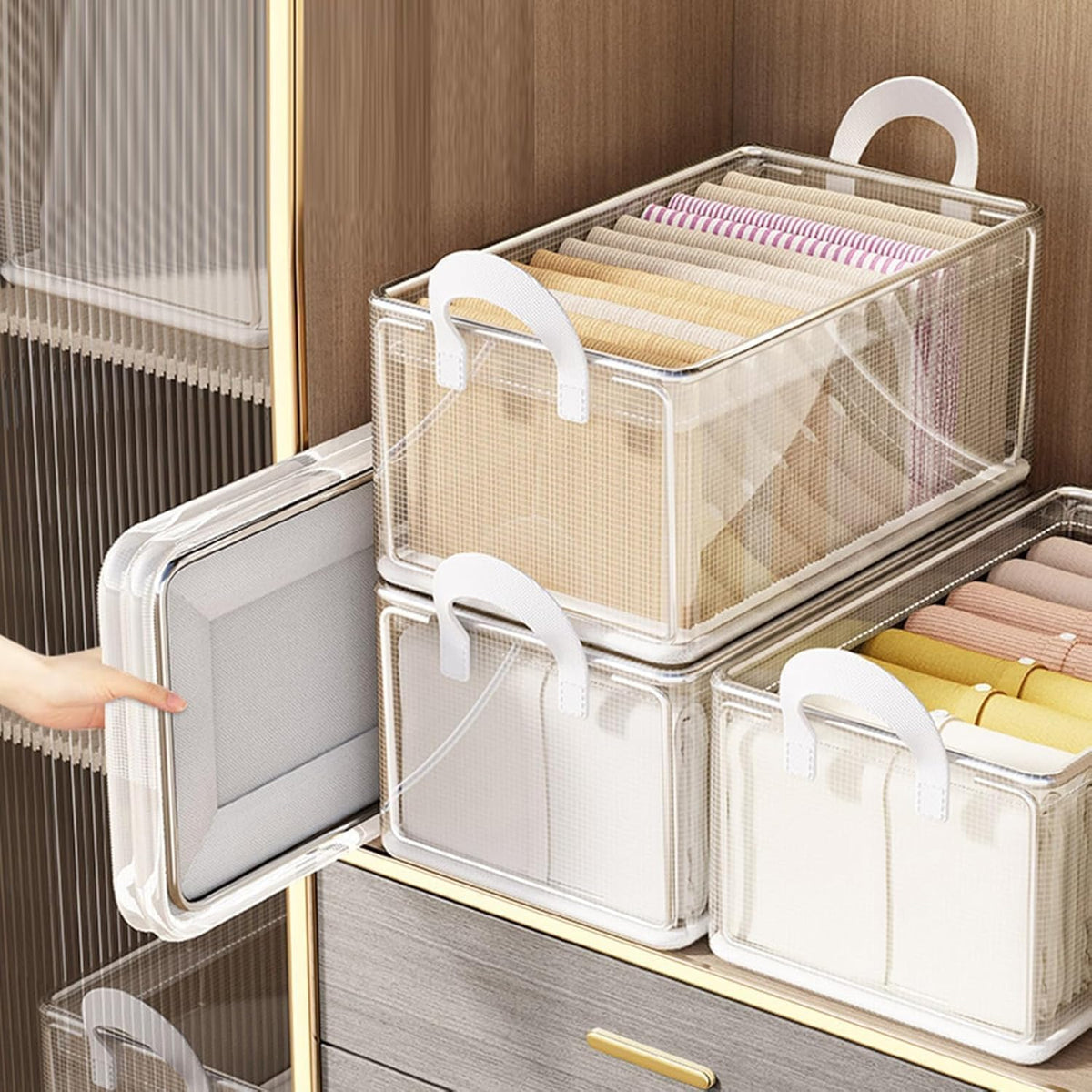 VALUVYB PVC Transparent Storage Basket 26 L, Foldable Clothes Organizer with Carry Handles for Wardrobe, Sarees, Jeans, Towels, 