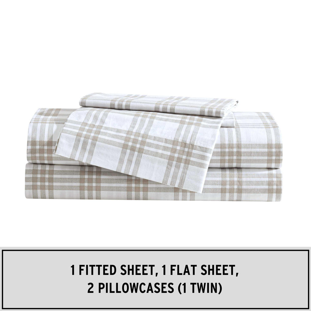 Eddie Bauer - Full Sheet Set, Cotton Percale Bedding Set, Super Soft And Cozy Home Decor, Oeko-Tex Certified (Basic Plaid Beige, Full)