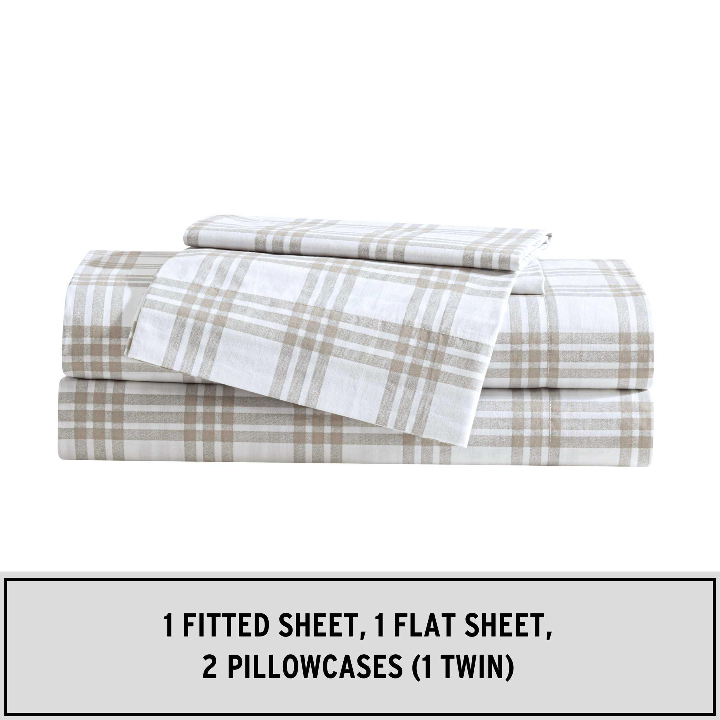 Eddie Bauer - Full Sheet Set, Cotton Percale Bedding Set, Super Soft And Cozy Home Decor, Oeko-Tex Certified (Basic Plaid Beige, Full)