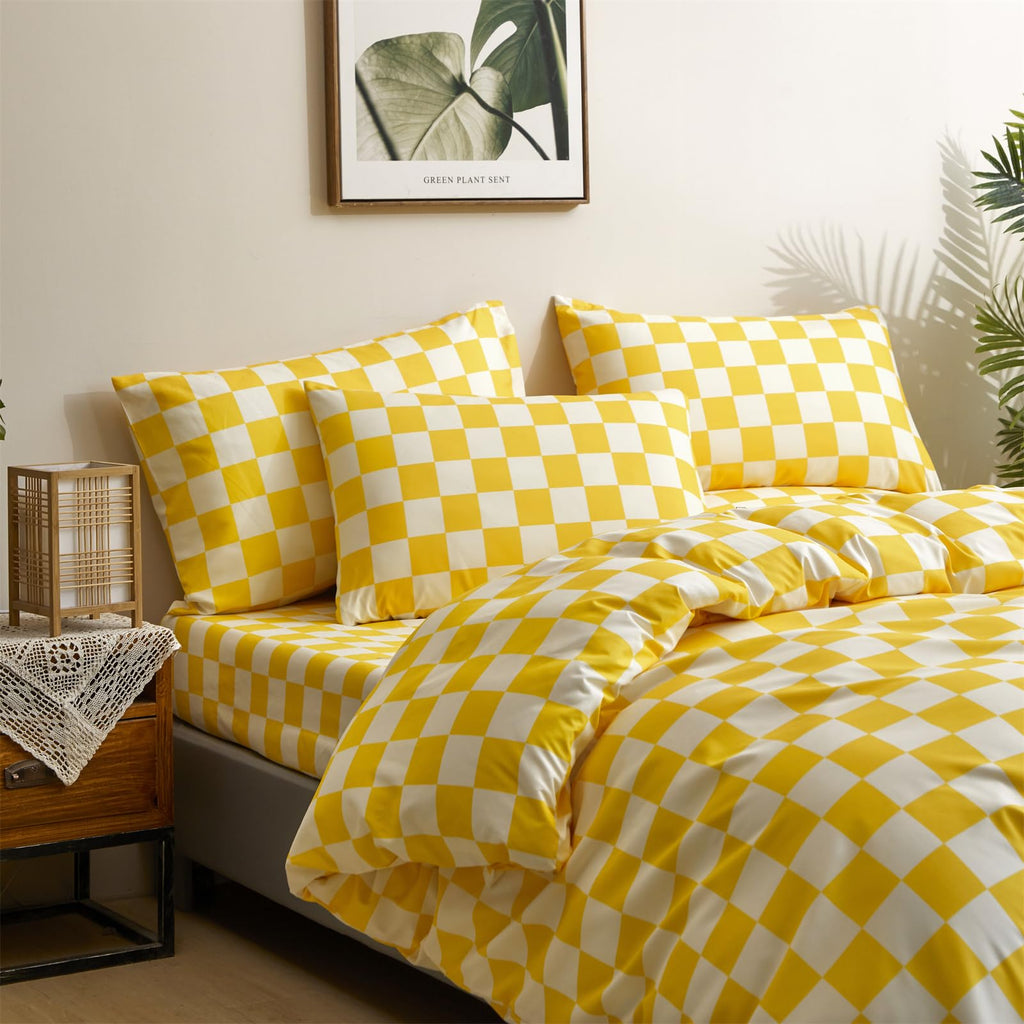 Clothknow Plaid Comforter Set Queen 3Pcs Yellow White Grid Bedding Comforter Sets Yellow White Queen Comforter Light Yellow Quee