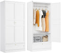 Metal Wardrobe Cabinet With Drawer,Armoire Wardrobe Closet With Doors,White Metal Clothing Storage Cabinet With Adjustable Shelves And Hanging Rod,Wardrobe Storage Cabinet For Home,Bedroom Armoires