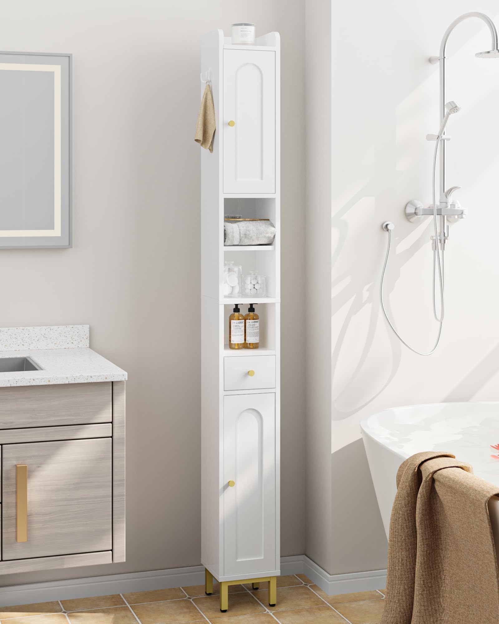 Hzuaneri Bathroom Cabinet with Adjustable Shelves, Freestanding Floor Cabinet, Tall Bathroom Storage Cabinet with Doors & Drawer