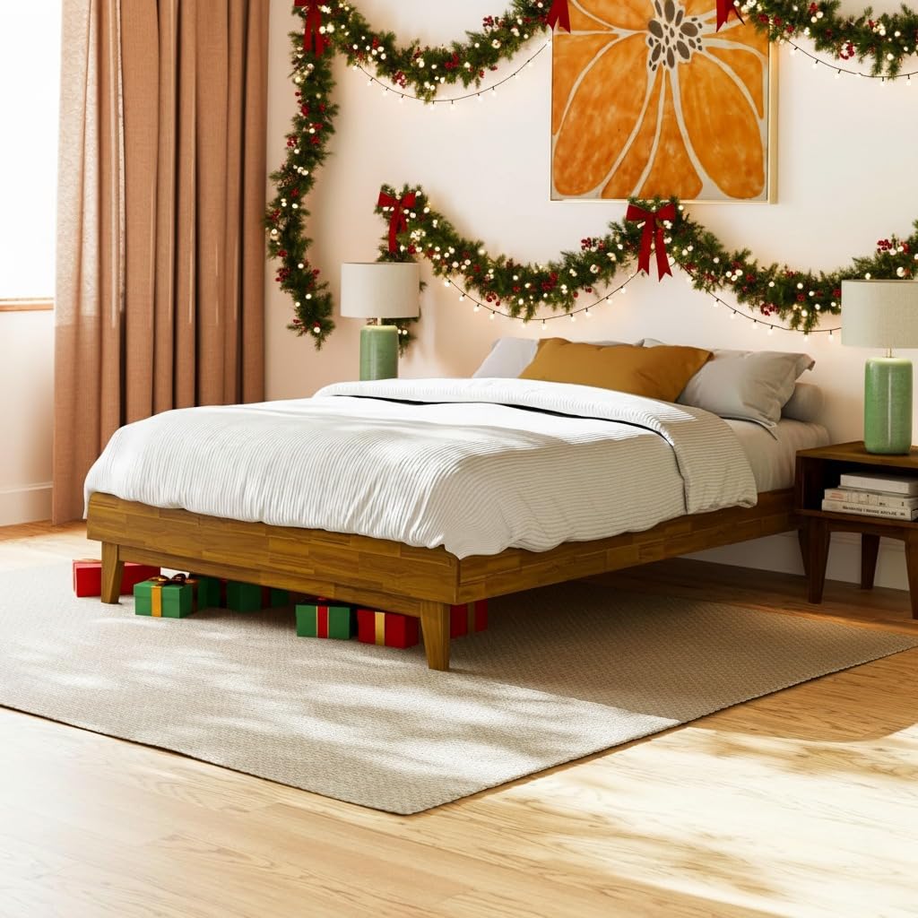 Bme Catherine Queen Platform Bed Frame, Modern Bed Frame Without Headboard, Wooden Low Profile Bed Frame, Acacia Wood Platform B