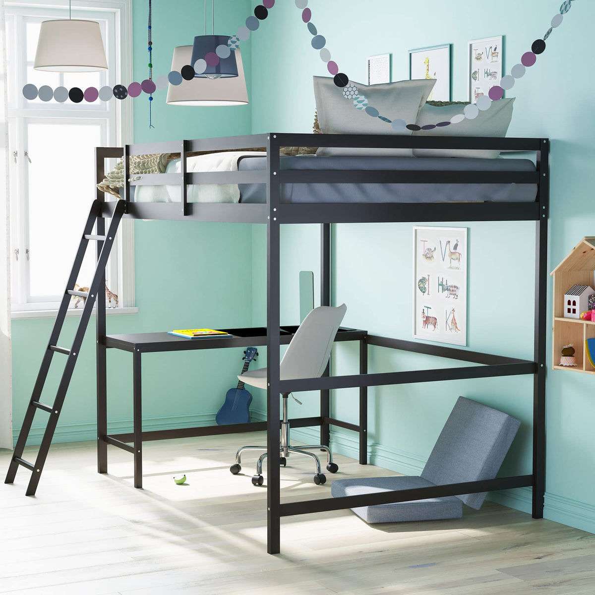 Flash Furniture Riley Loft Bed Frame with Desk - Espresso Wood Slats - Full Size - Protective Guard Rails & Ladder - Kids and Teens - Space Saving Design