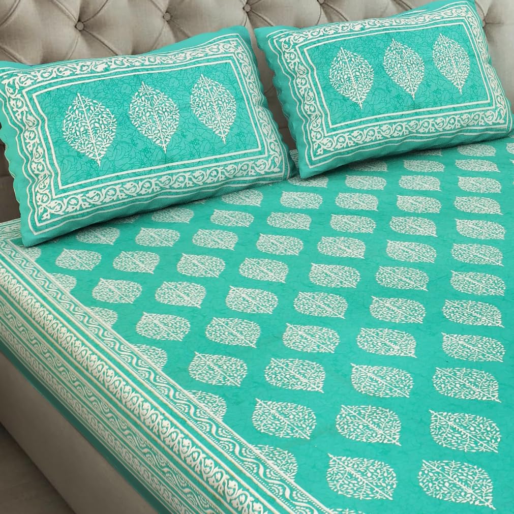 BedZone Floral 100% Cotton Double Bedsheet Jaipuri Printed Bed Cover King Size with 2 Pillow Covers, Green