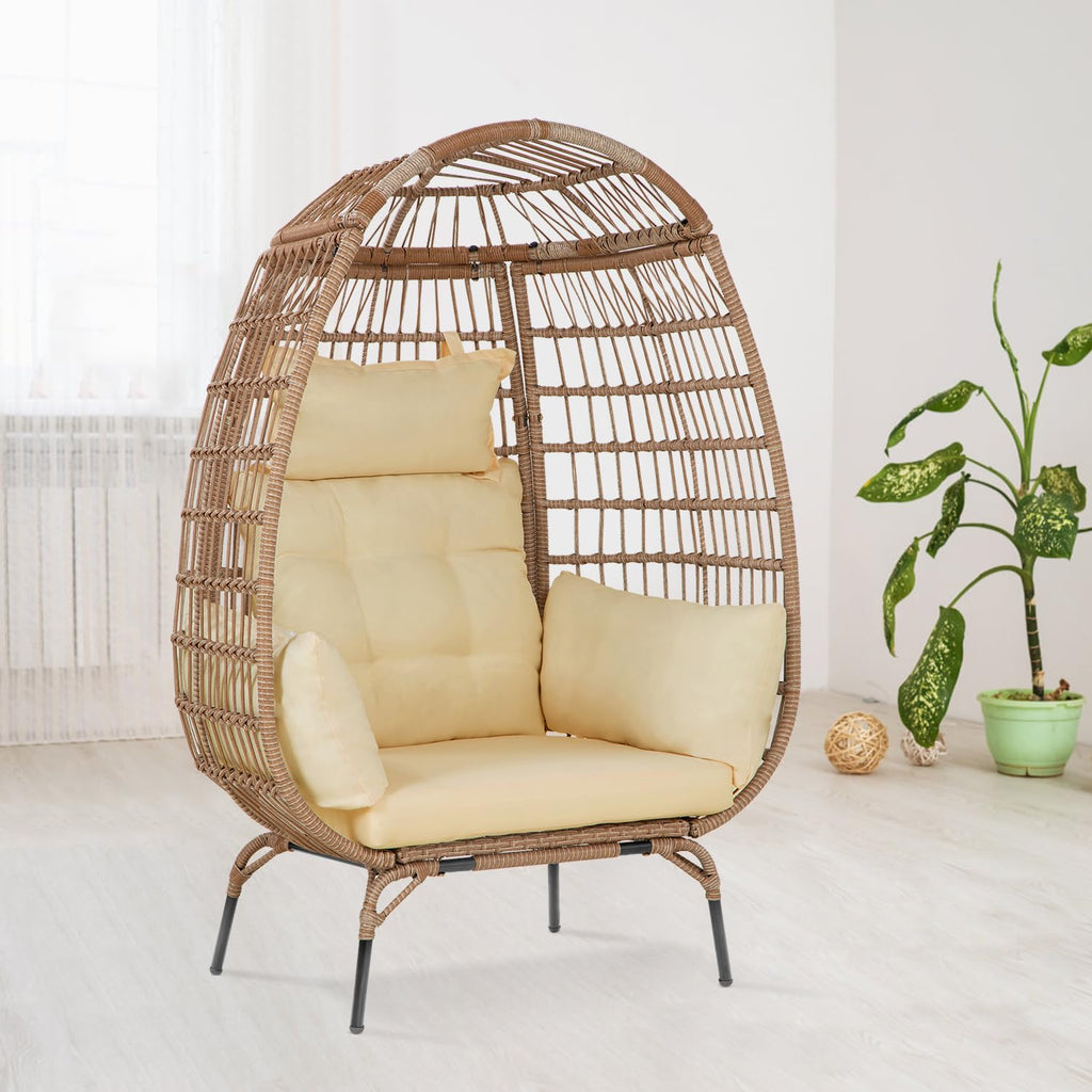 Egg Chair Egg Basket Lounge Chair Rattan Chair Steel Frame Oversized Indoor Outdoor Lounger Simple Installation With 4 Comfort Cushion And Stand,352Lb Capacity For Patio Garden Living Room,White