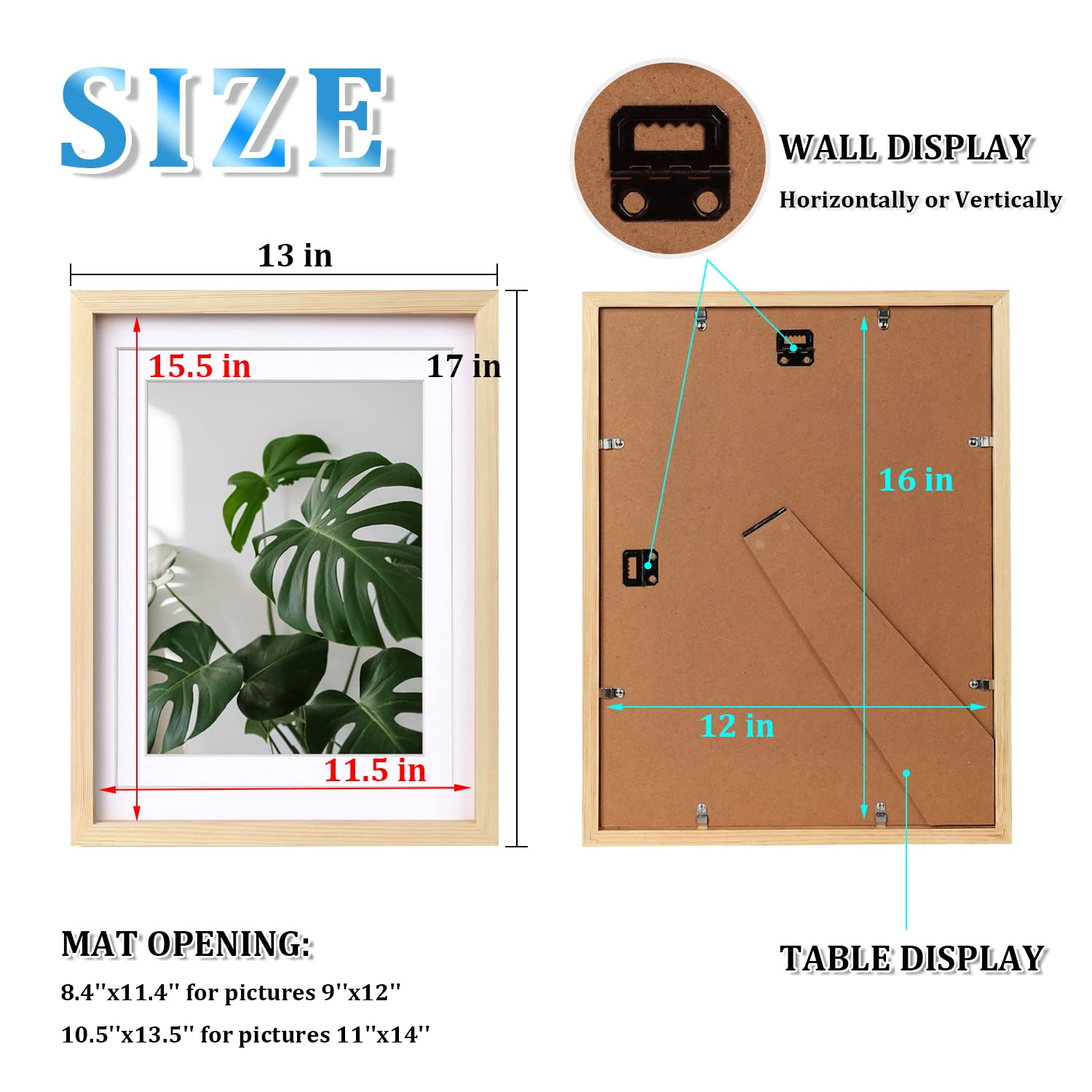 Egofine 12X16 Picture Frames Natural Wood Set Of 2 - Solid Wood Frames With Plexiglass Front, Display 9X12 Or 11X14 With Mat For
