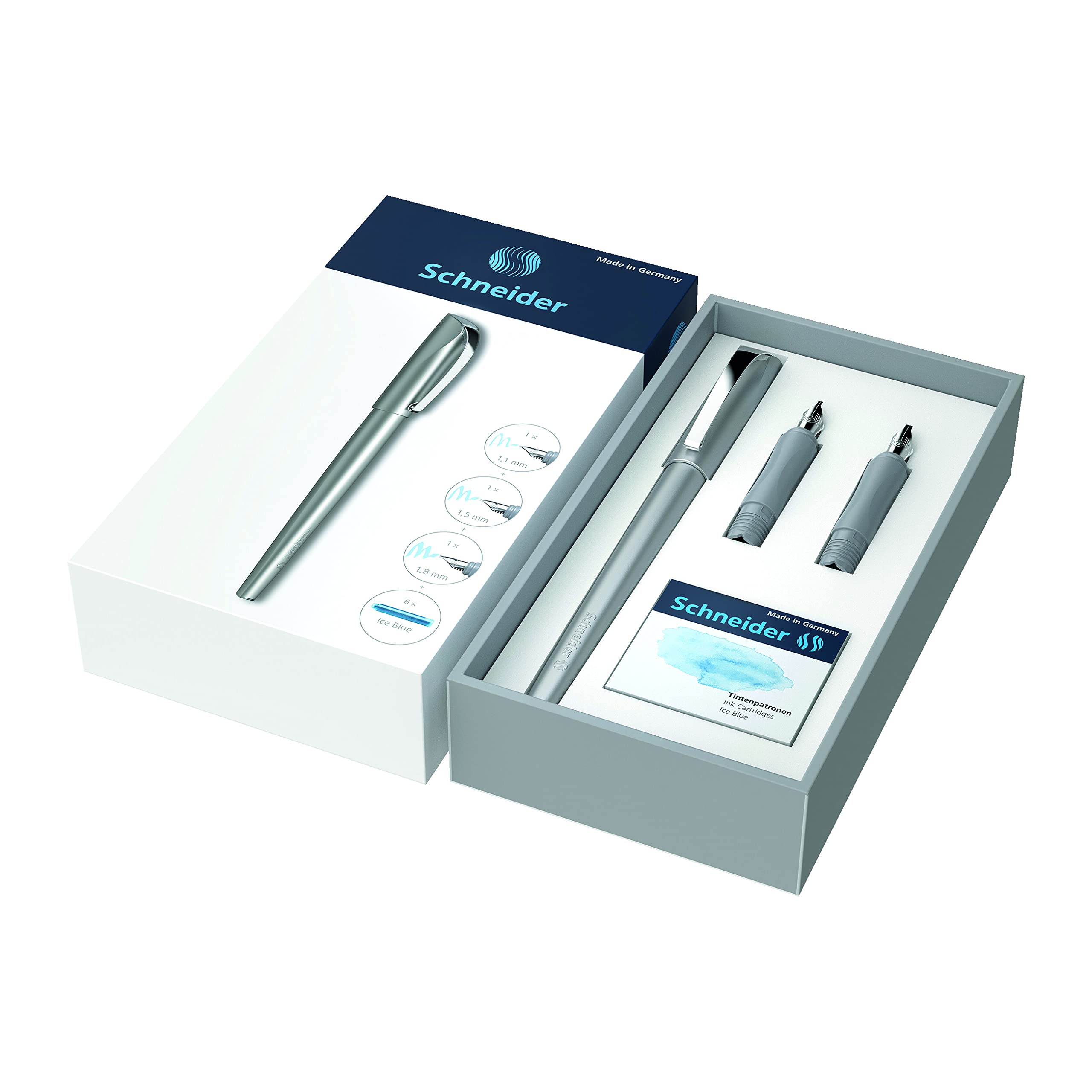 Schneider Callissima Calligraphy Fountain Pen Gift Set: Anthracite, 1.1 Mm, 1.5 Mm, 1.8 Mm Interchangeable Tips + Pack Of 6 Ice