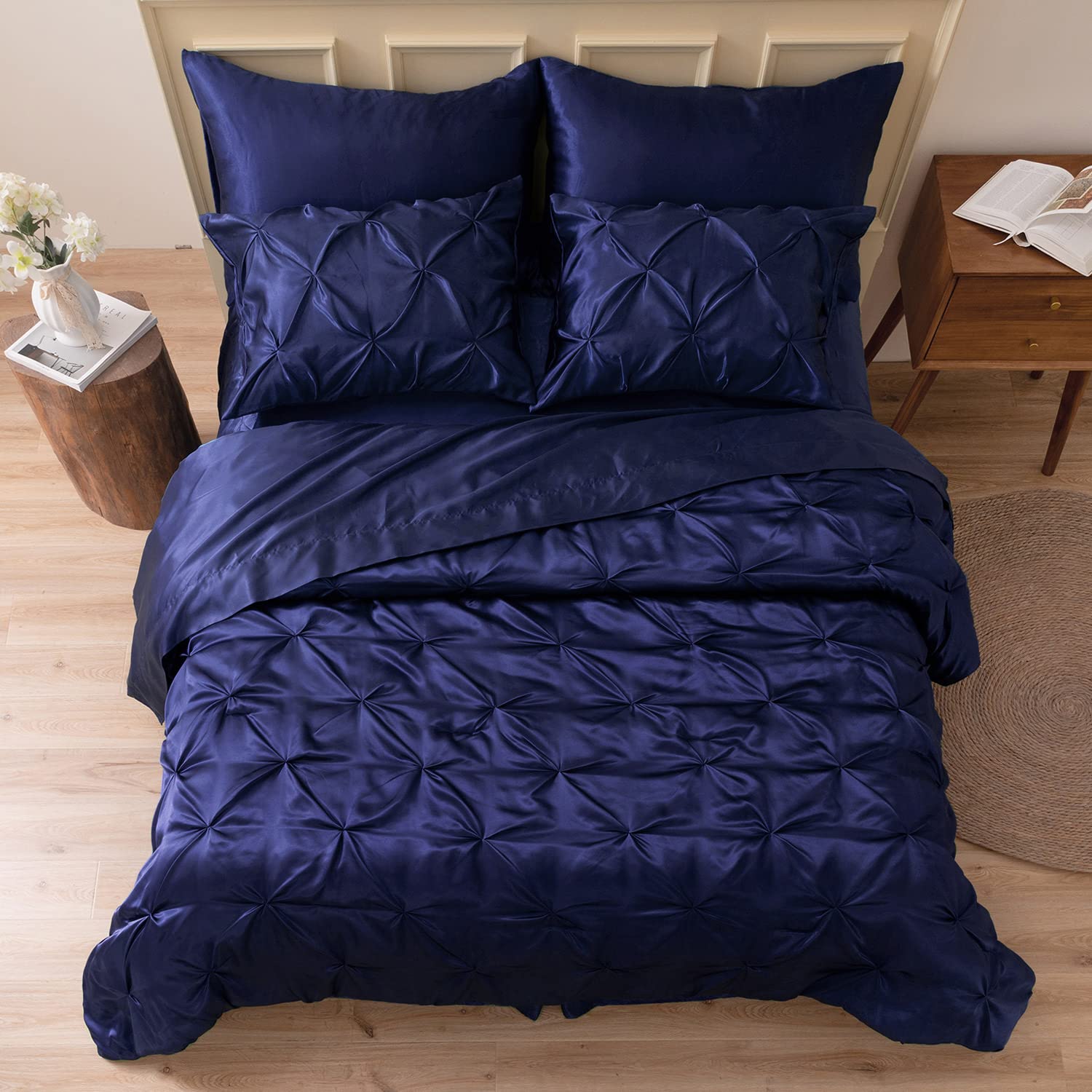 Mr&Hm Satin Comforter California King 7 Pieces Navy Blue - Luxurious Pinch Pleat Bedding Set With Comforter, Flat Sheet, Fitted