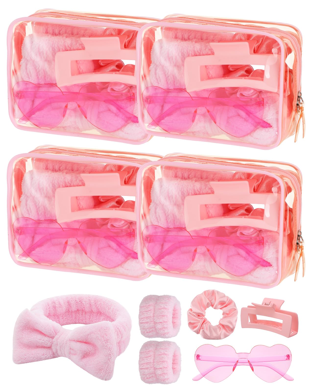 Cosweet 4 Sets Galentine s Day Gift for Women - Pink Spa Party Favors with Headband & Wrist Band, Heart Glasses, Hair Clips, Sc