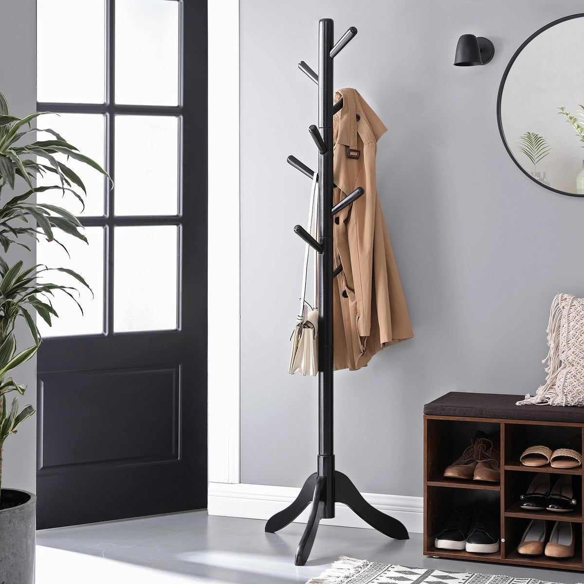 Vasagle Solid Wood Coat Rack, Free Standing Coat Rack, Tree-Shaped Coat Rack With 8 Hooks, 3 Height Options, For Clothes, Hats, Bags, For Living Room, Bedroom, Home Office, Black Urcr001B01