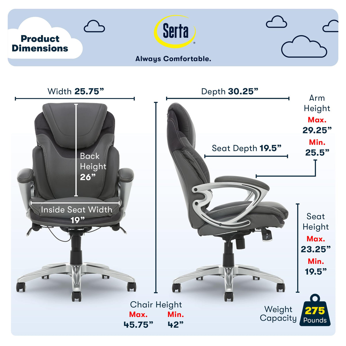 Serta Bryce Executive Office Chair, Ergonomic Computer Deskchair With Patented Air Lumbar Technology, Comfortable Layered Body Pillows For Cushioning, Sertaquality Foam, Bonded Leather, Gray