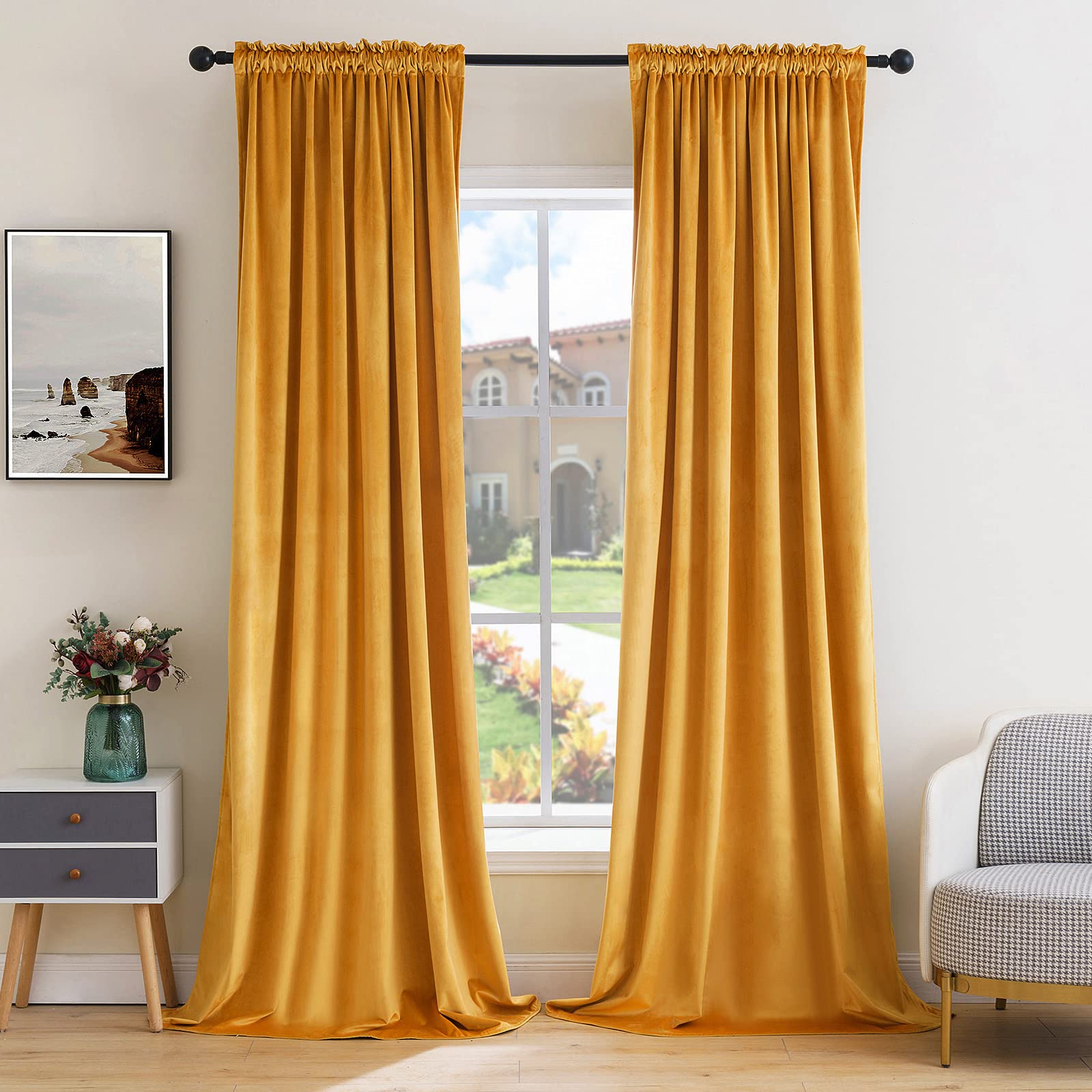 Miulee Mustard Yellow Velvet Curtains Thermal Insulated Blackout Curtain Drapes For Bedroom Living Room Darkening 108 Inches Long Curtains Panels Rod Pocket Set Of 2