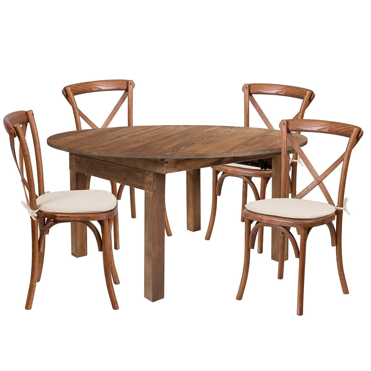 Flash Furniture HERCULES Series 60 Round Solid Pine Folding Farm Dining Table Set with 4 Cross Back Chairs and Cushions