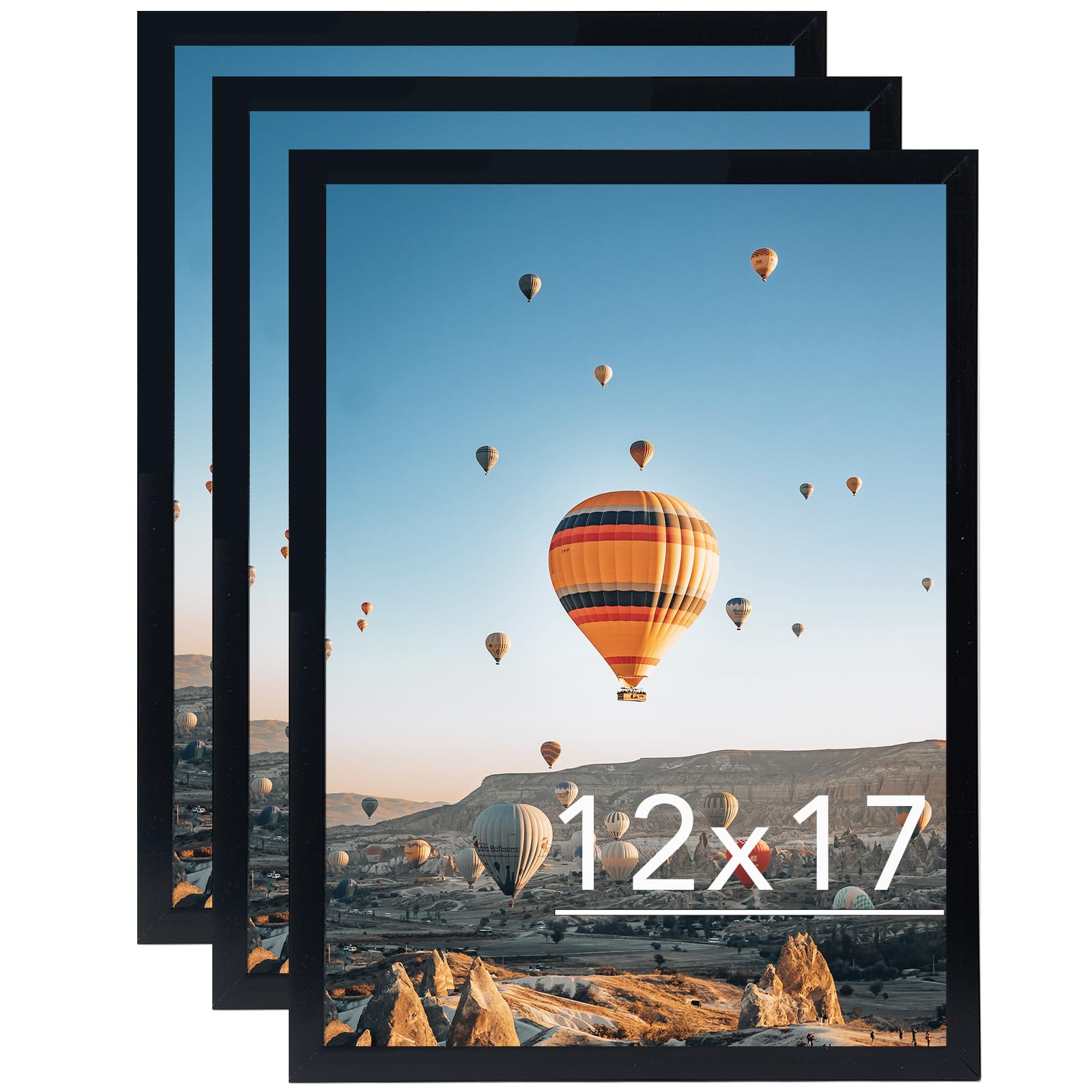 JCJMY 12x17 Black Picture Frame Set of 3, Horizontal and Vertical Formats for Wall Hanging, 12 x 17 Wall Gallery Poster Photo Fr