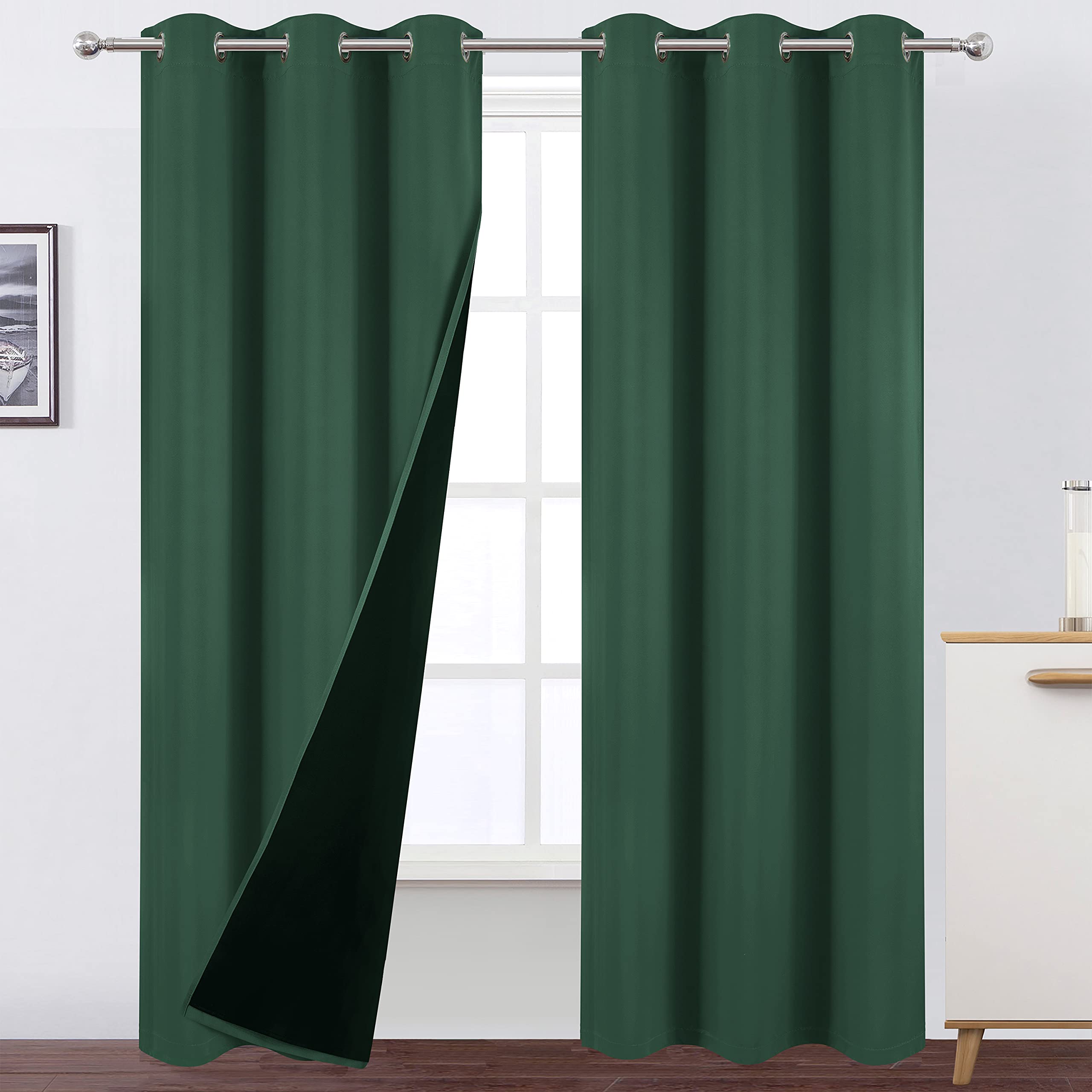 Lemomo 100% Blackout Curtains 40 X 84 Inch/Green Curtains 2 Panels With Black Lining Room Darkening Thermal Insulated Bedroom Cu