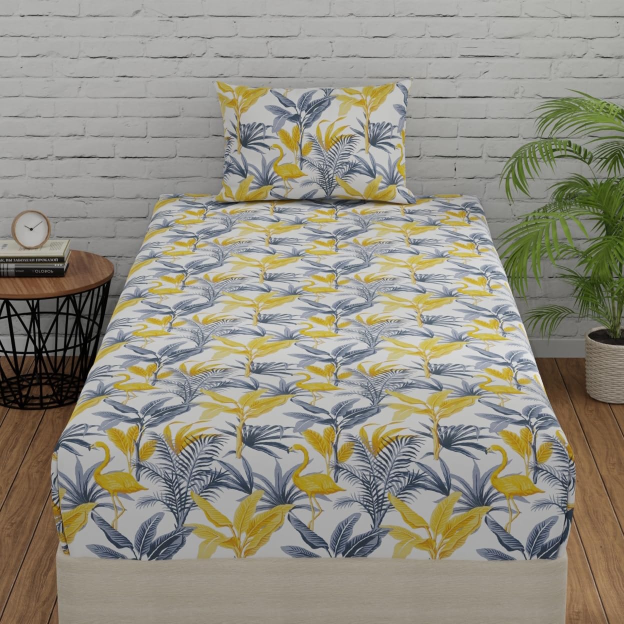 Huesland By Ahmedabad Cotton 144 Tc Pure Cotton Single Bedsheet With 1 Pillow Cover | Flamingos Yellow